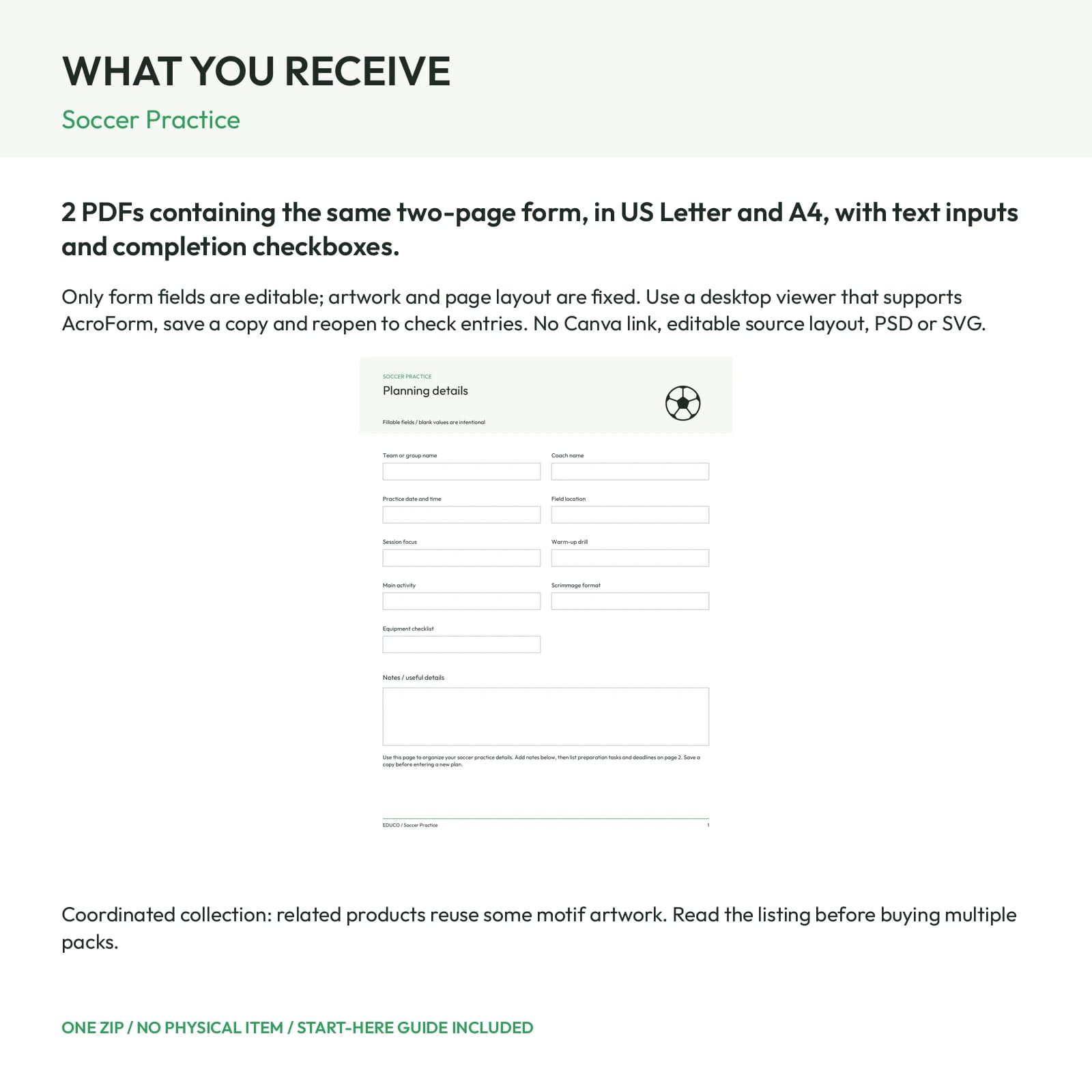 Soccer Practice - Fillable PDF Planning Templates, preview 2 of 2