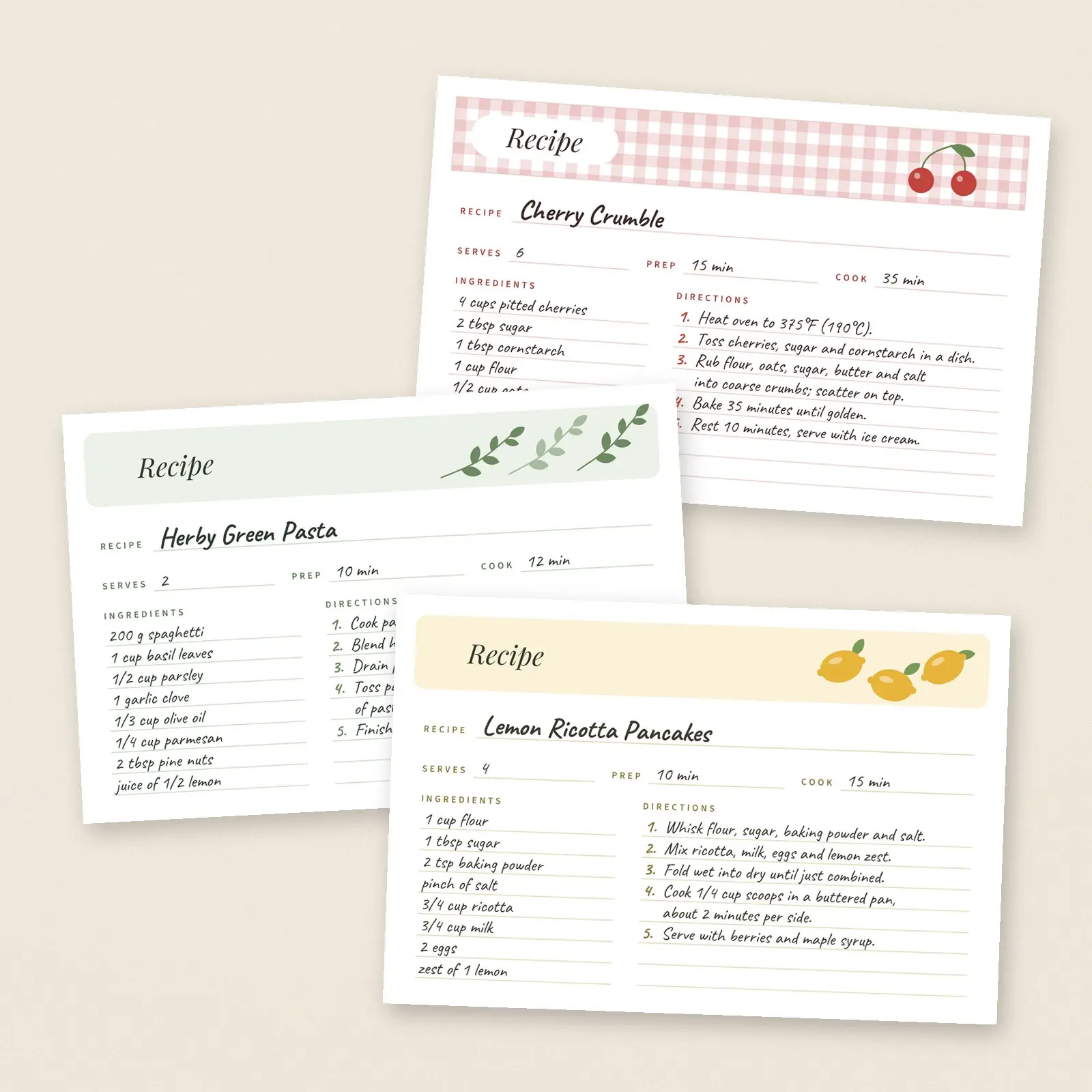 Recipe Card Templates 4x6, 3 Designs | Fillable PDF + Editable SVG preview