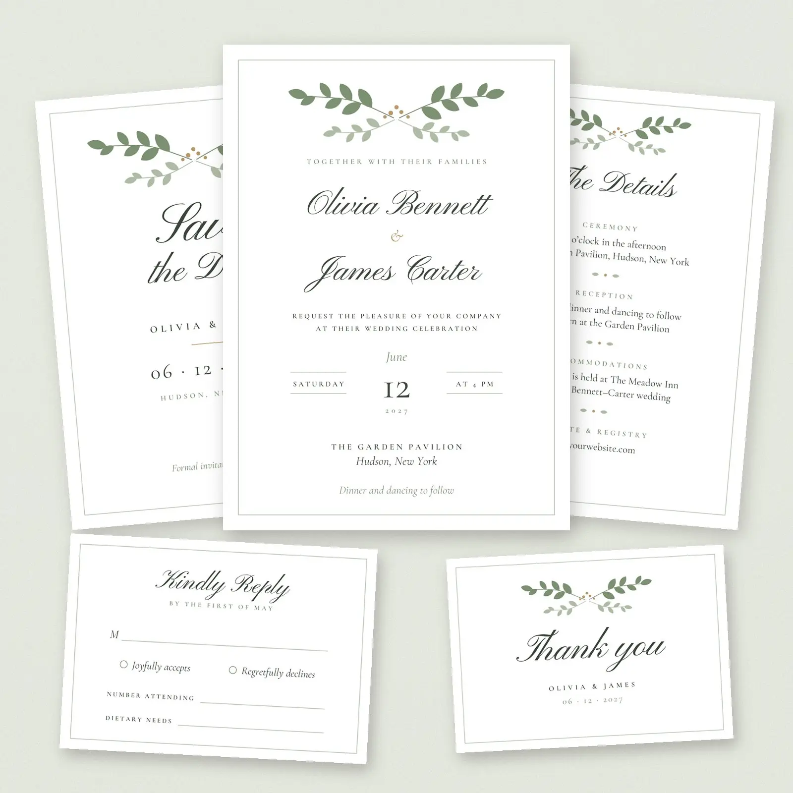 Sage Wedding Invitation Suite Template | 5 Editable SVG + PDF Cards preview