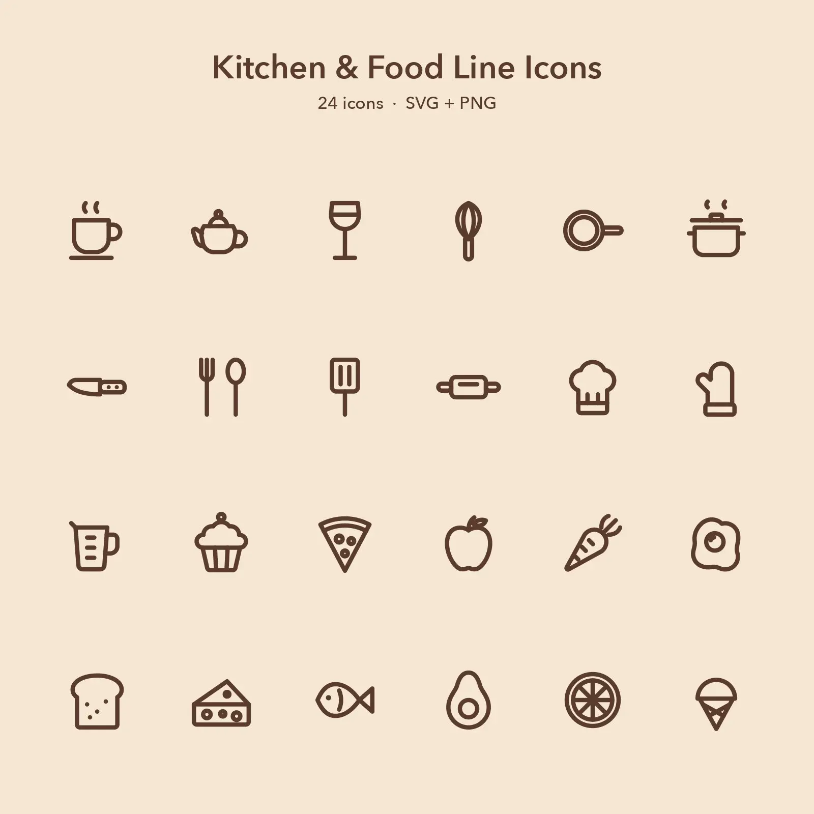 Kitchen & Food Line Icons, 24 SVG + PNG Icons preview