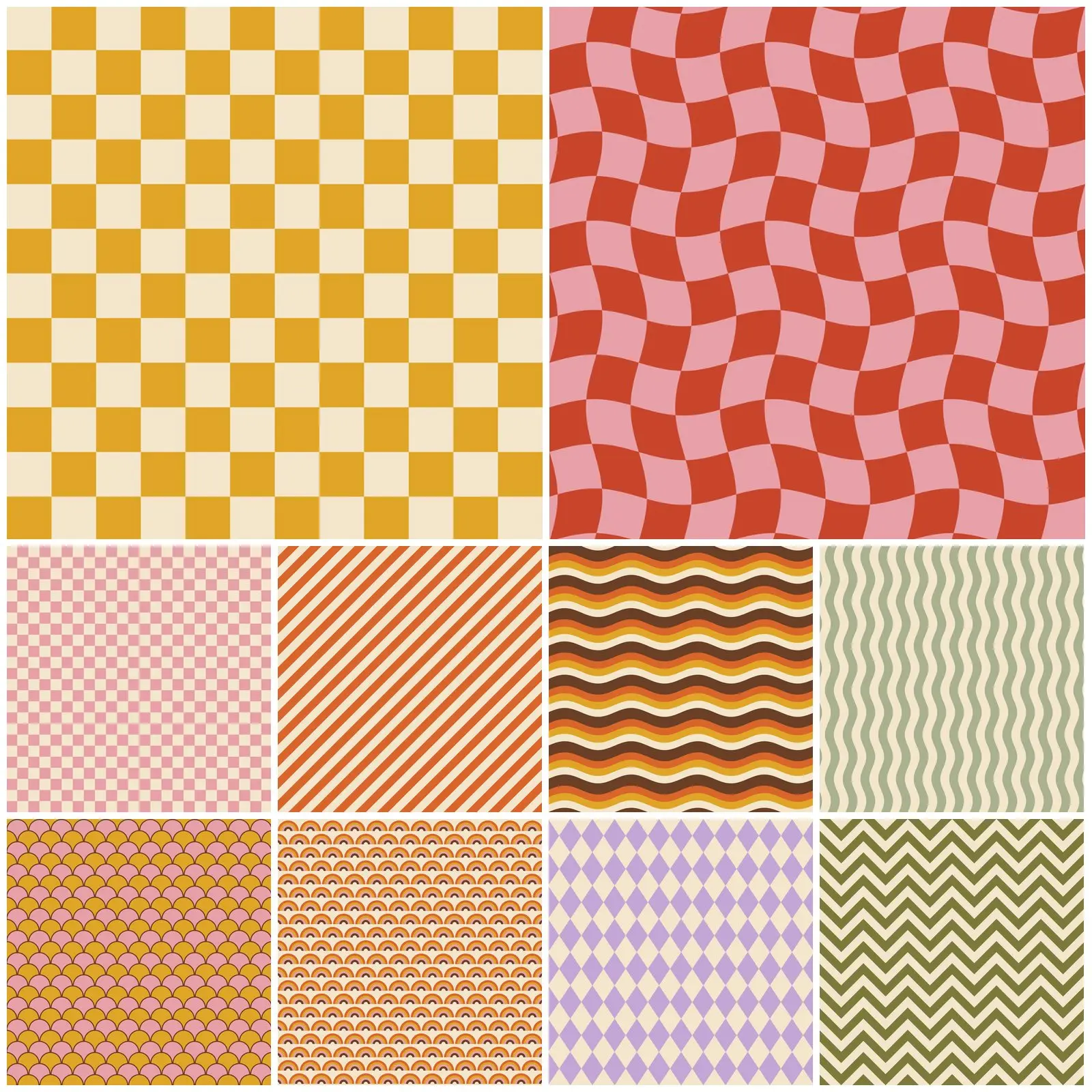 Retro 70s Digital Paper: Wavy Checkers, Rainbows & Daisies, 12 Seamless preview