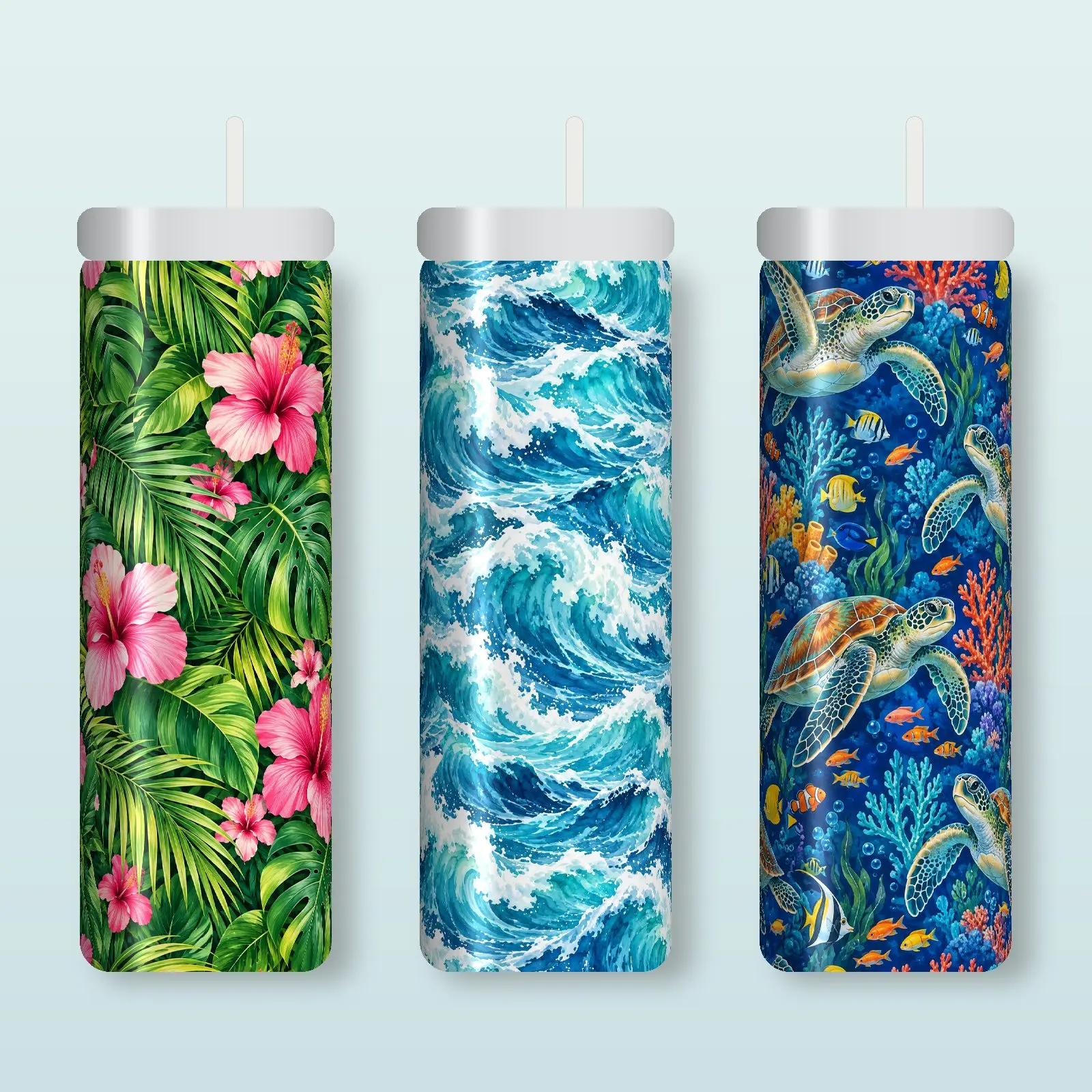 Beach & Tropical Tumbler Wraps | 4 Sublimation PNGs for 20 oz Skinny preview
