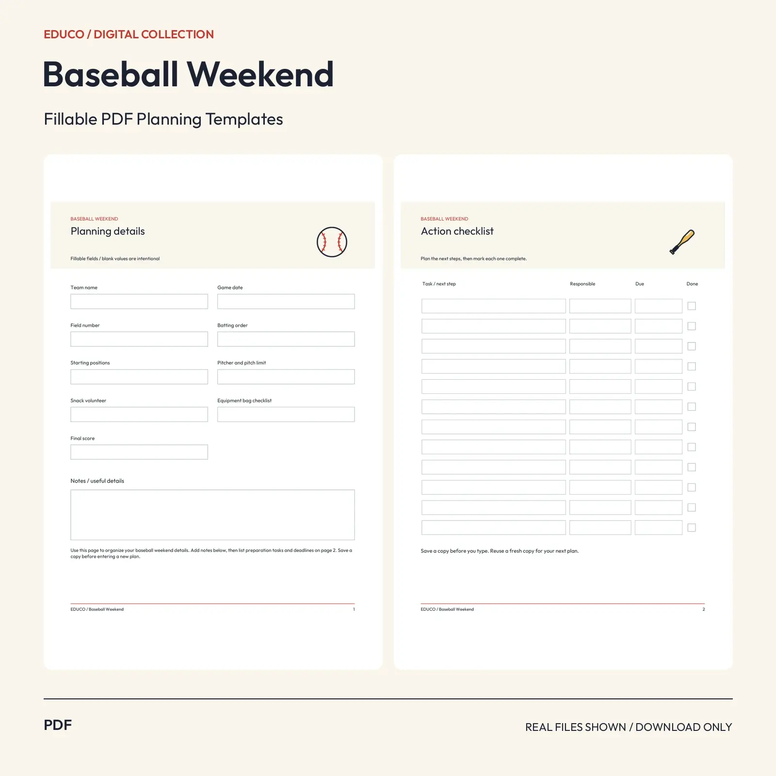 Baseball Weekend - Fillable PDF Planning Templates preview