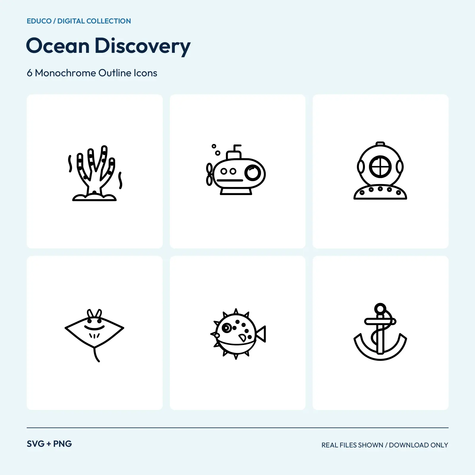 Ocean Discovery - 6 Monochrome Outline Icons preview