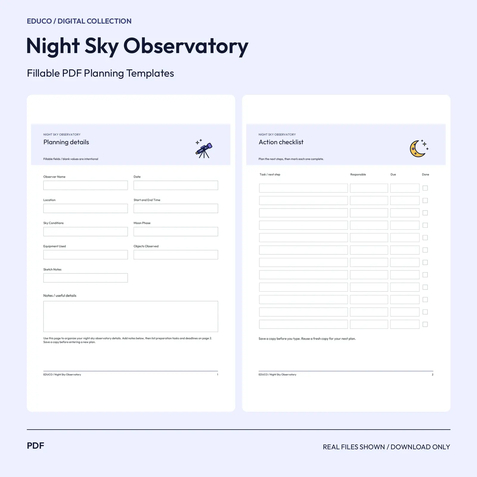 Night Sky Observatory - Fillable PDF Planning Templates preview