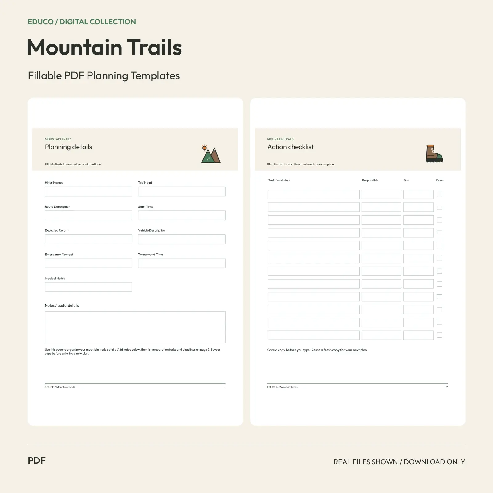 Mountain Trails - Fillable PDF Planning Templates preview