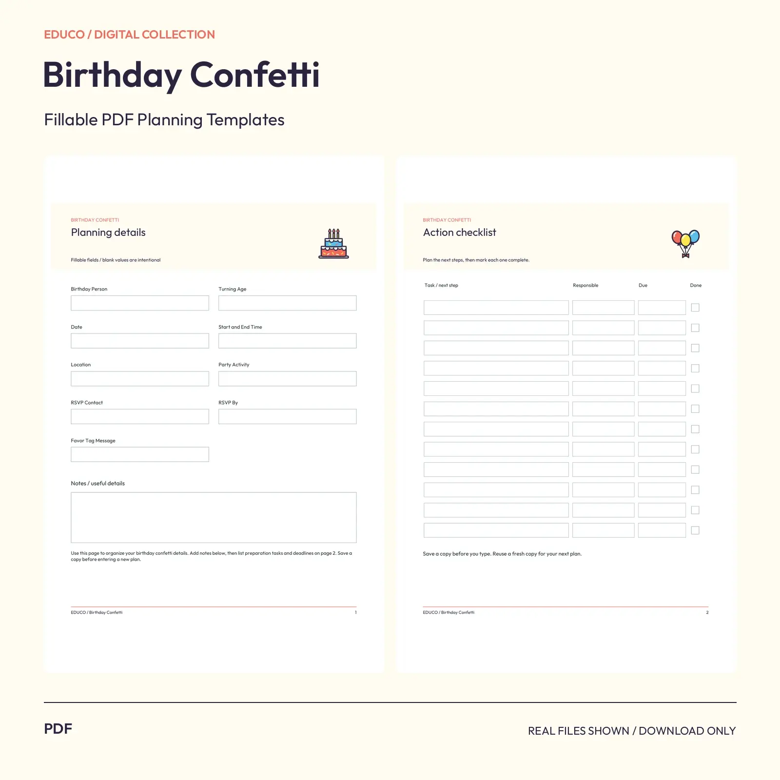 Birthday Confetti - Fillable PDF Planning Templates preview