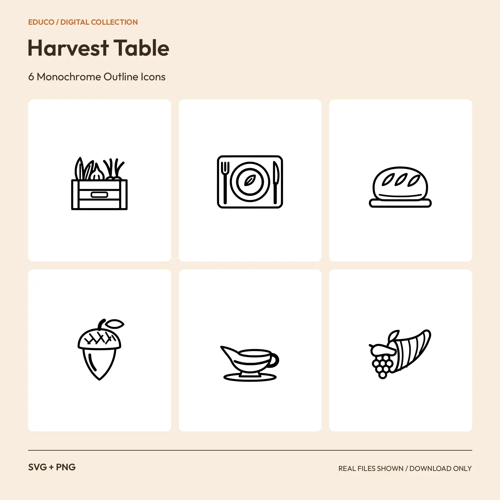 Harvest Table - 6 Monochrome Outline Icons preview