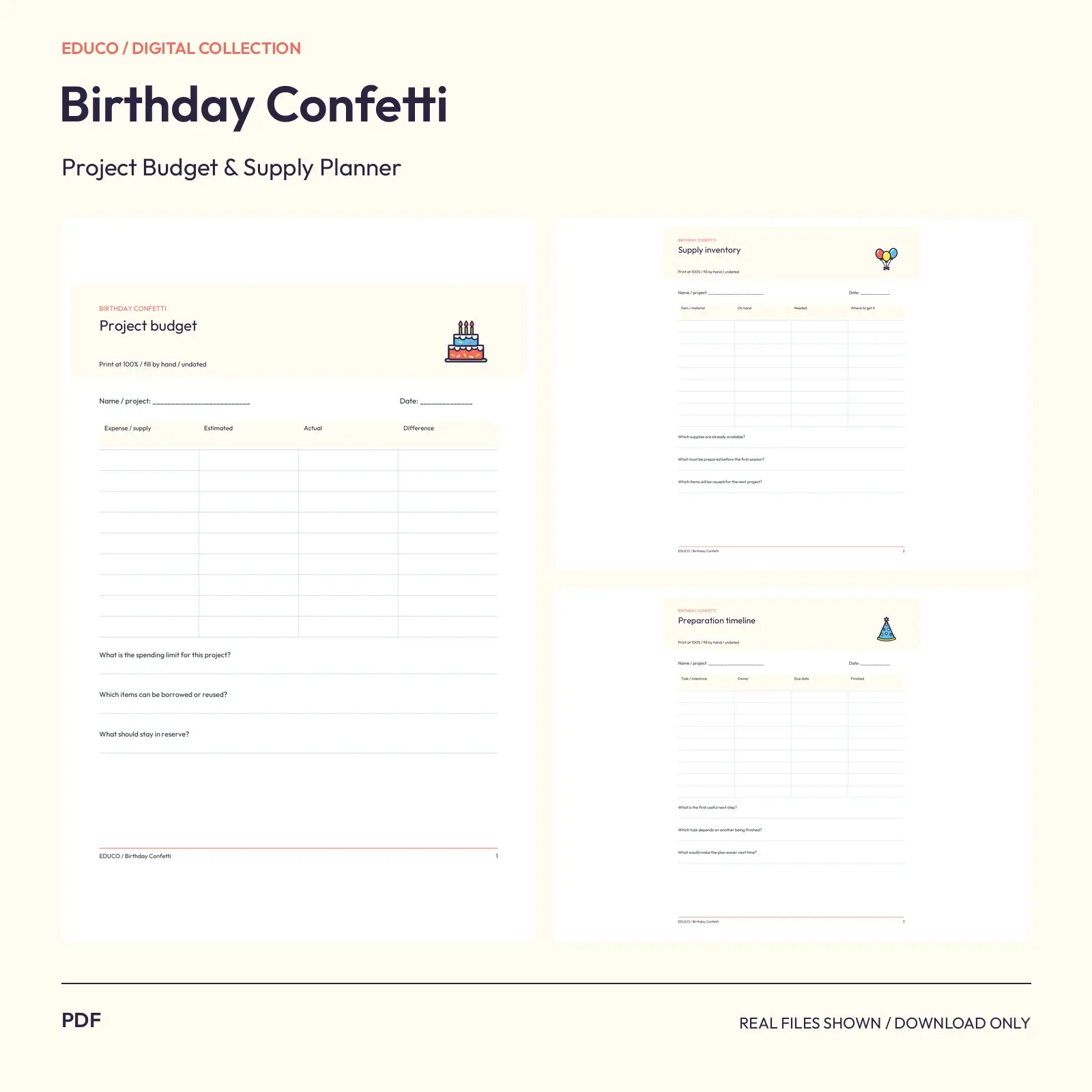 Birthday Confetti - Project Budget and Supply Planner preview