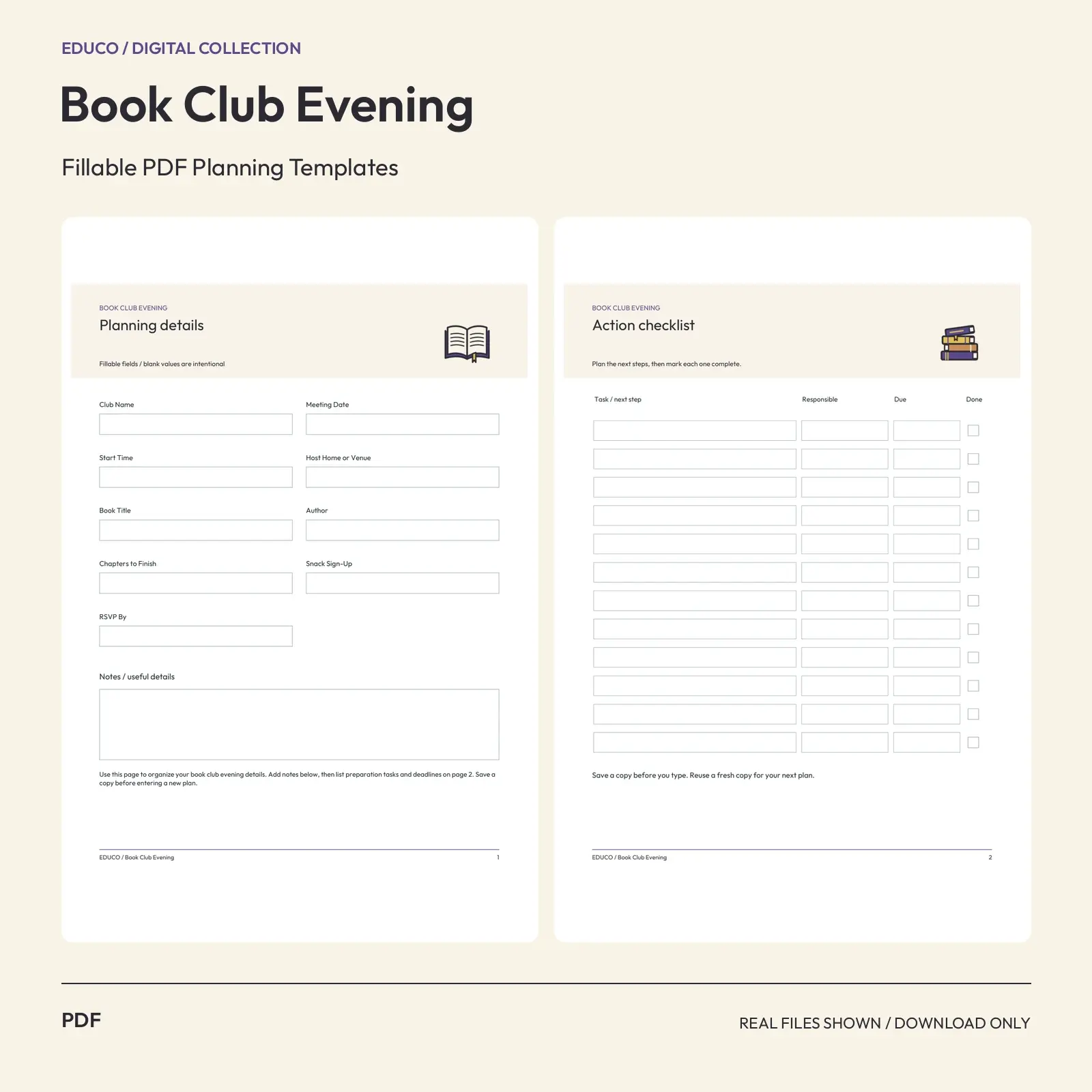 Book Club Evening - Fillable PDF Planning Templates preview