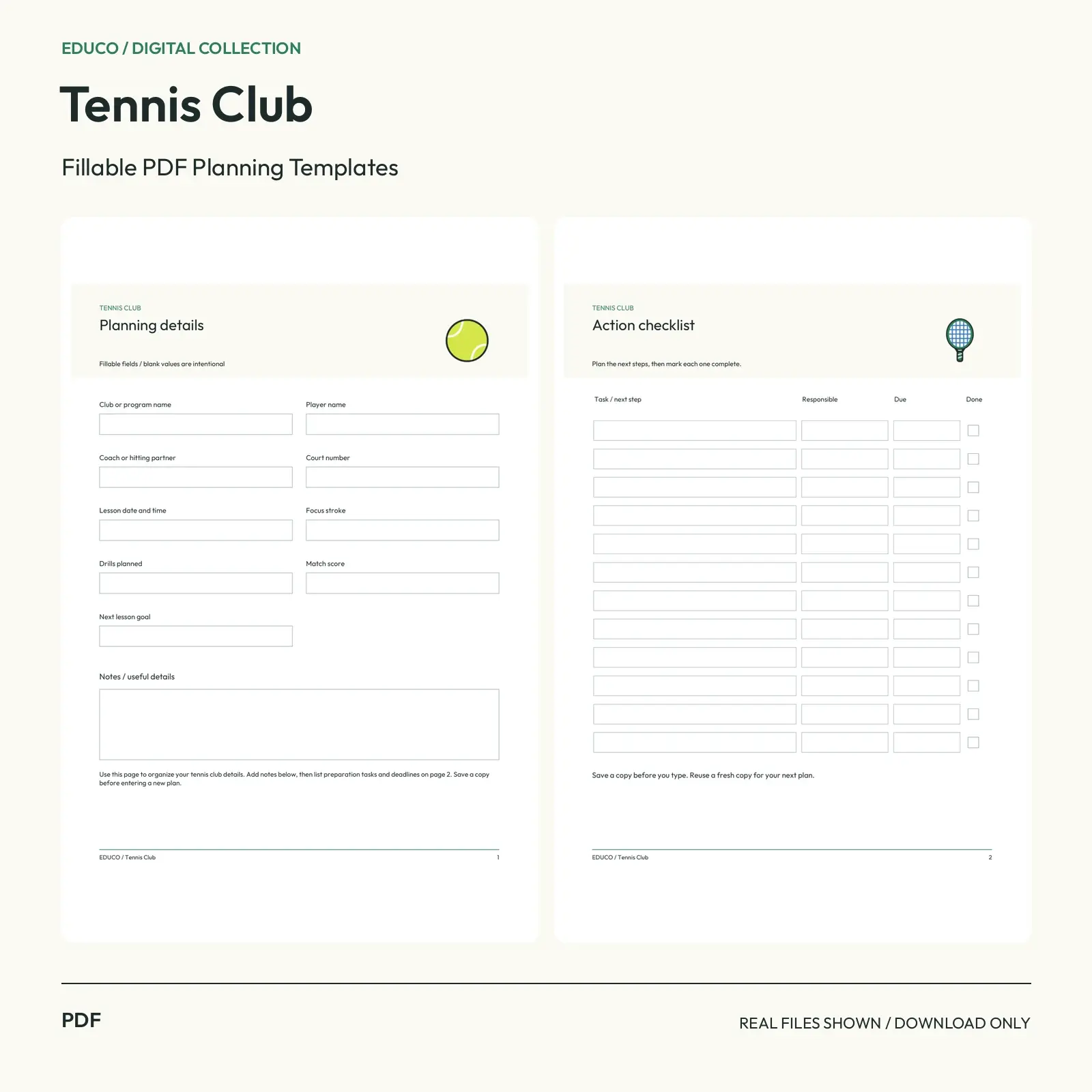 Tennis Club - Fillable PDF Planning Templates preview