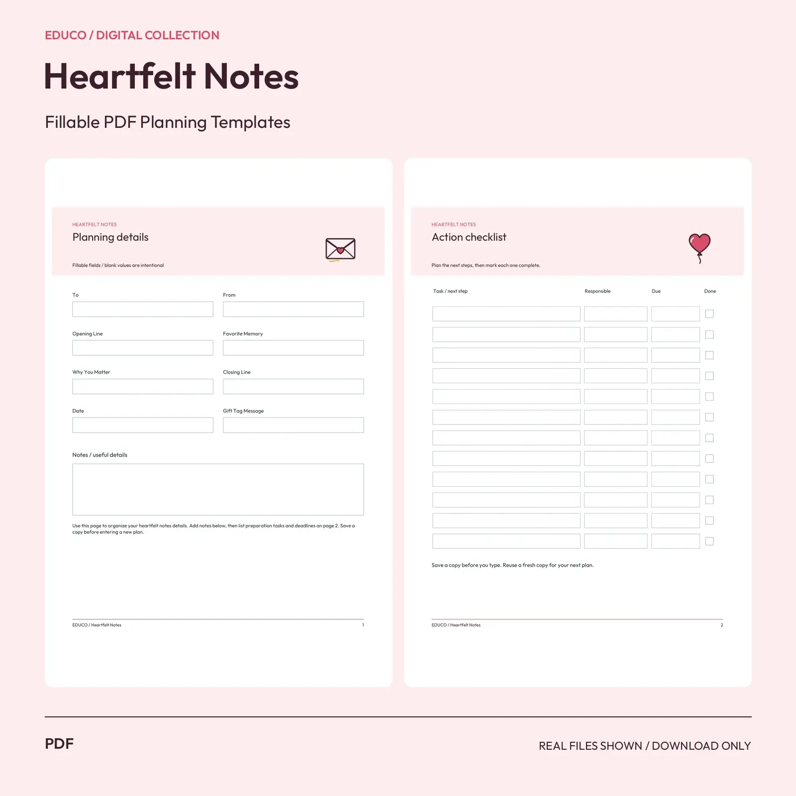 Heartfelt Notes - Fillable PDF Planning Templates preview