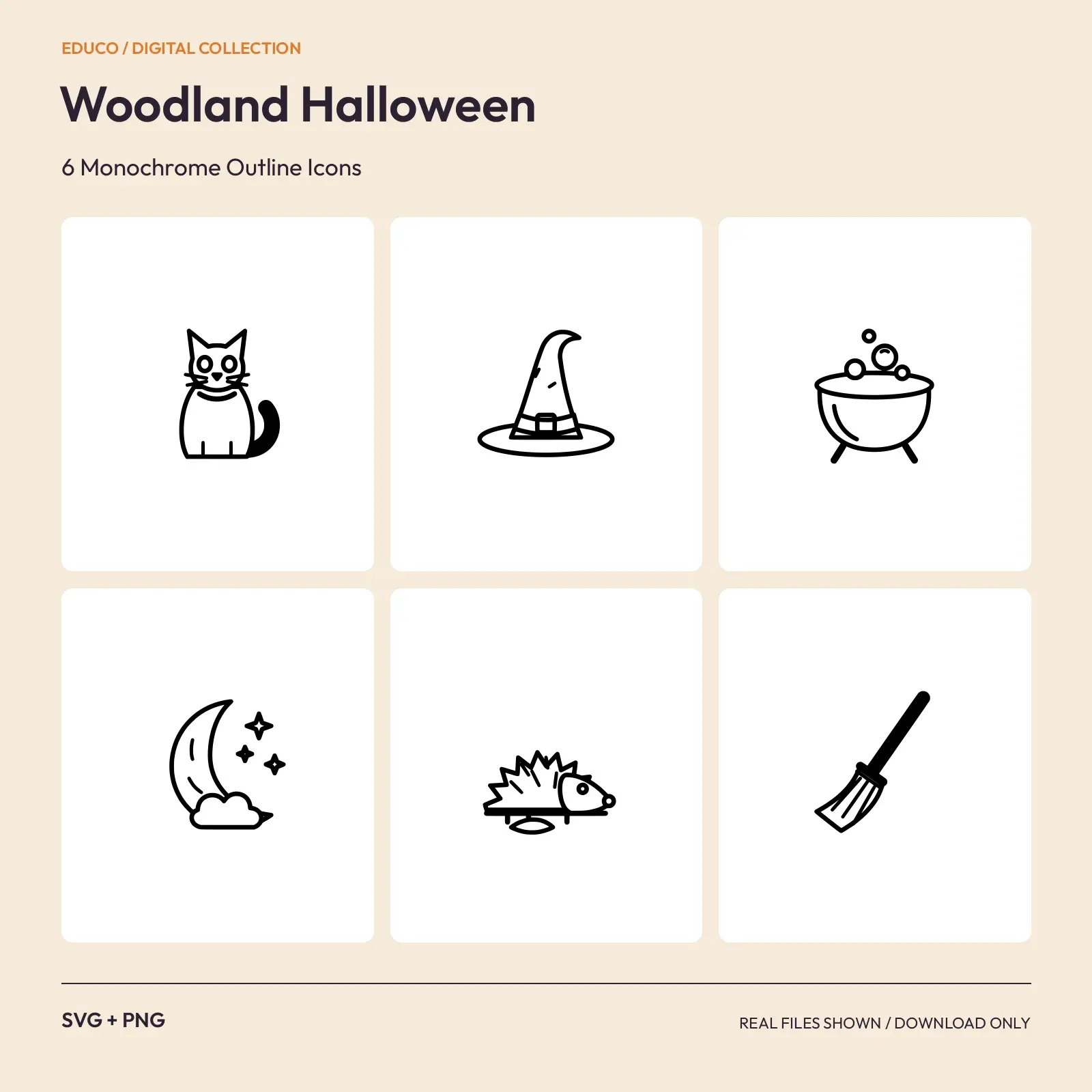 Woodland Halloween - 6 Monochrome Outline Icons preview