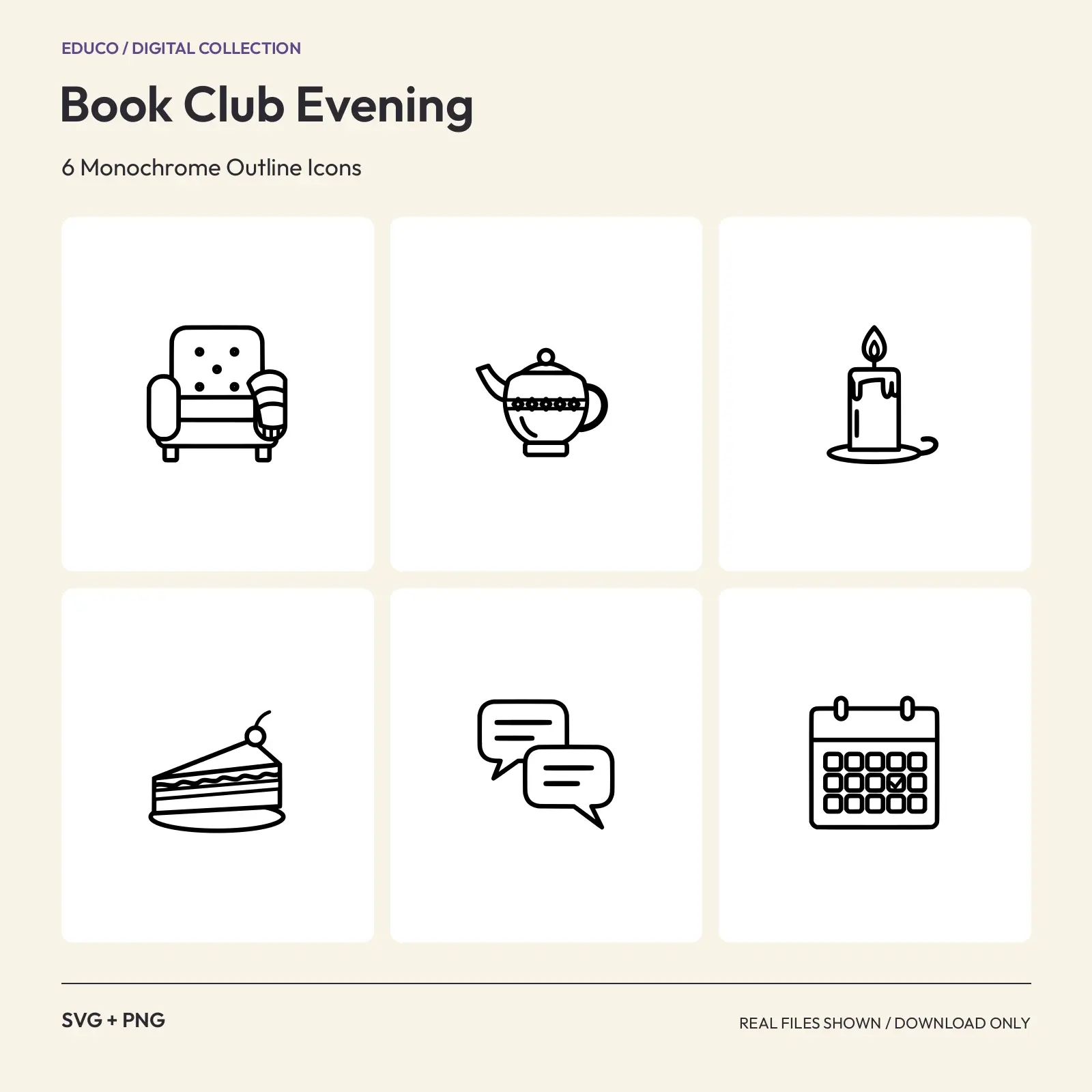 Book Club Evening - 6 Monochrome Outline Icons preview