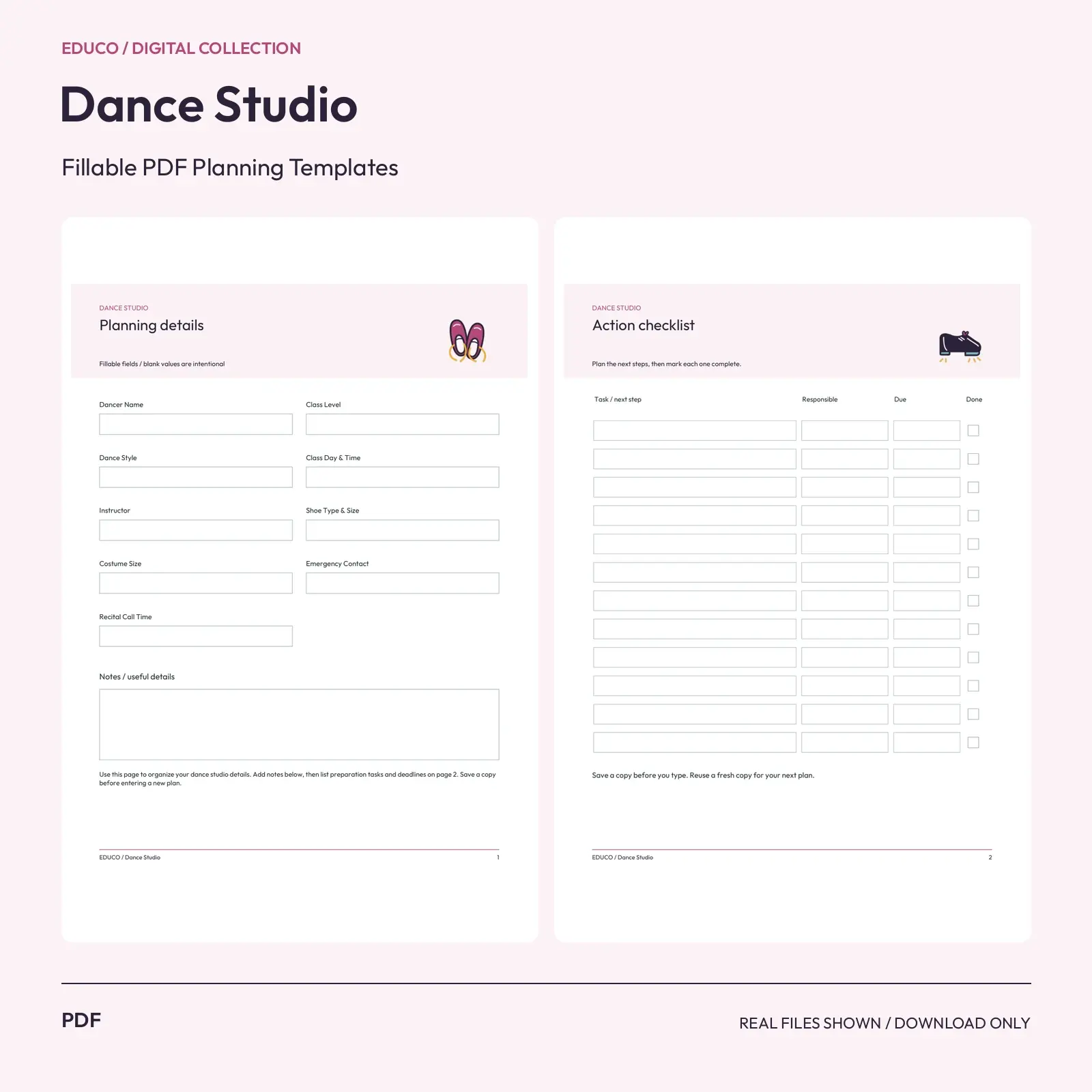 Dance Studio - Fillable PDF Planning Templates preview