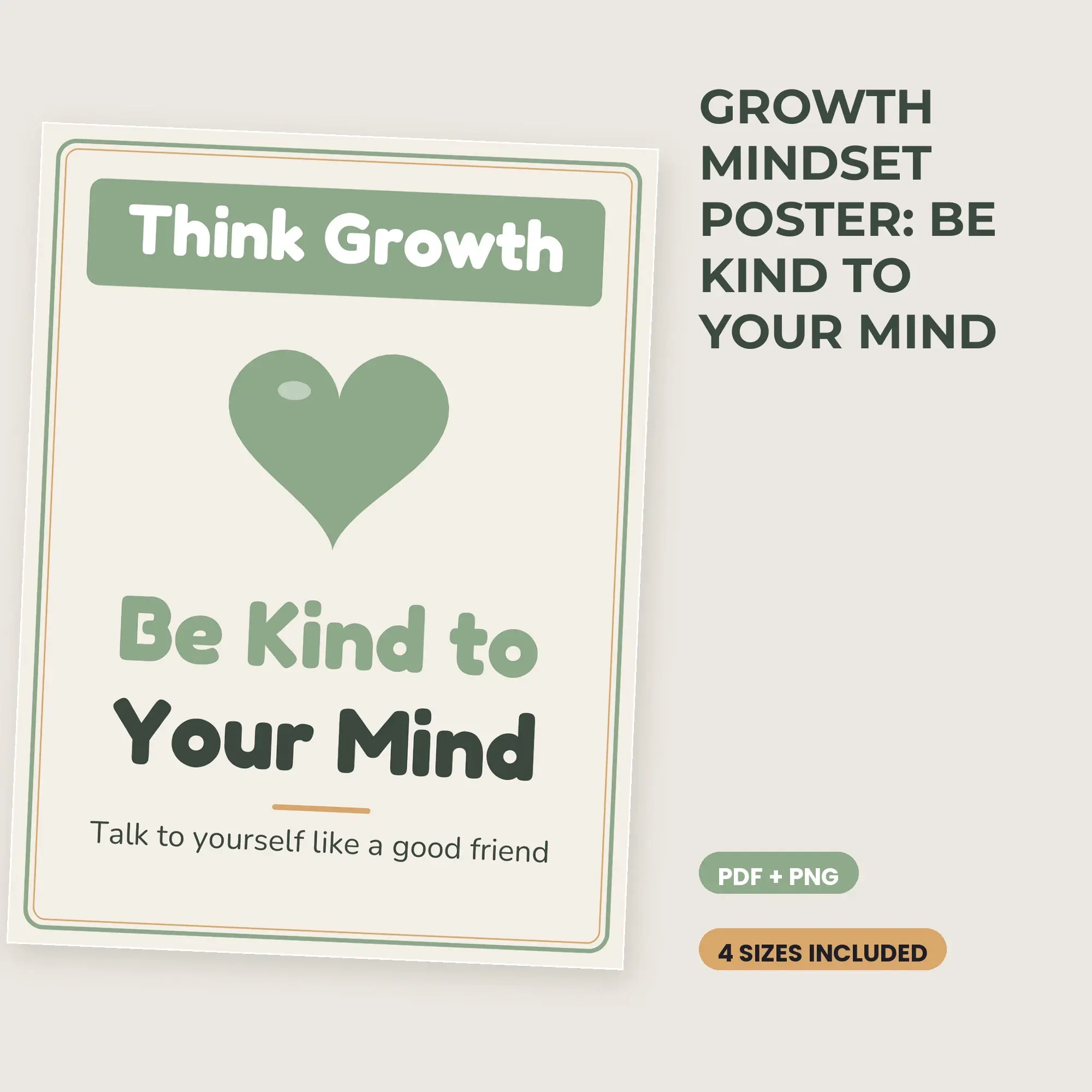 Growth Mindset Poster: Be Kind to Your Mind - Sage Boho Printable Poster preview