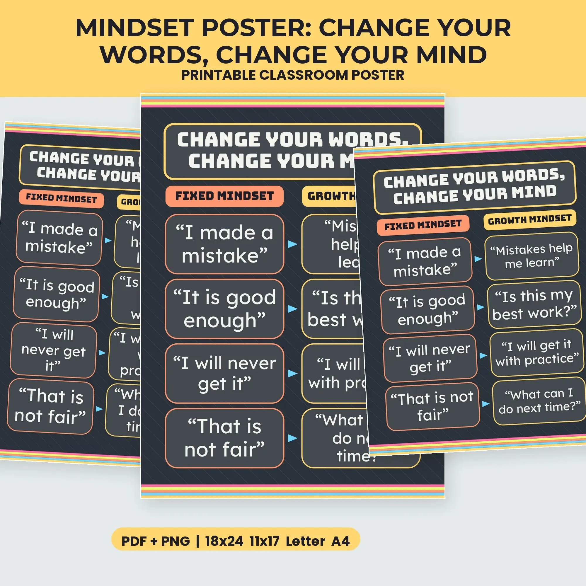 Mindset Poster: Change Your Words, Change Your Mind - Striped Classroom Wall Art - Chalkboard Slate preview