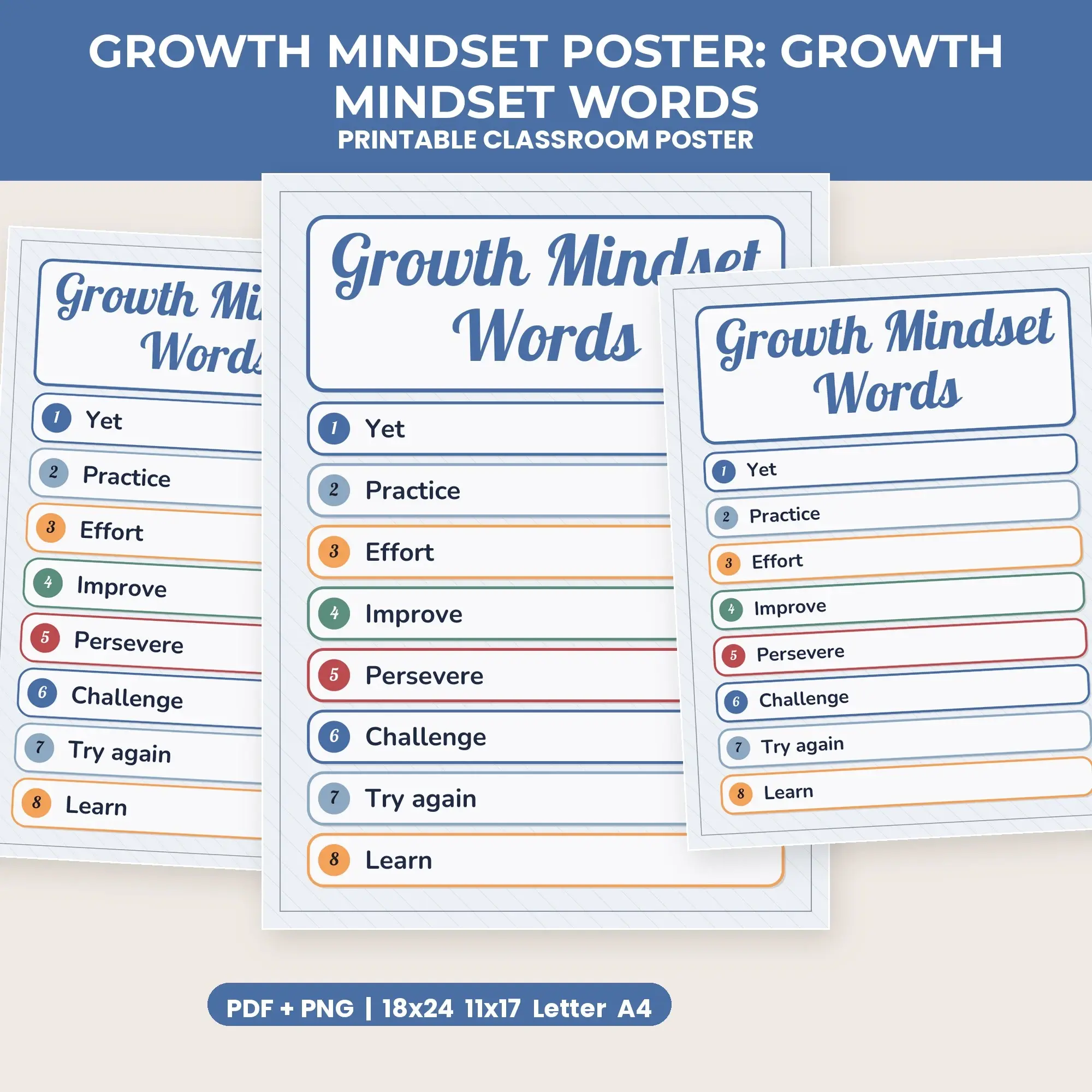 Growth Mindset Poster: Growth Mindset Words - Cool Slate Printable Wall Art, 4 Sizes preview