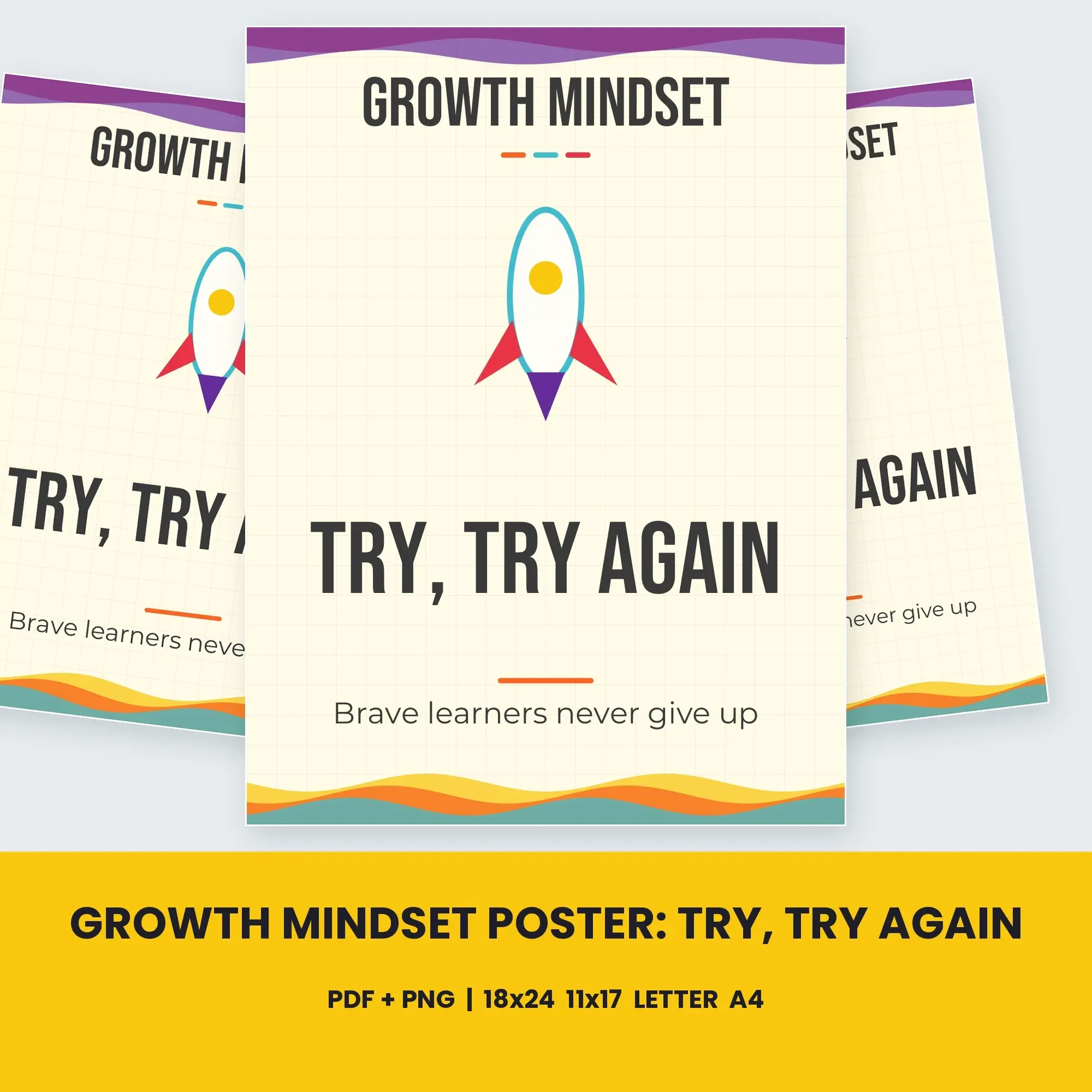 Growth Mindset Poster: Try, Try Again - Wavy Sunny Yellow Classroom Poster, preview 1 of 3