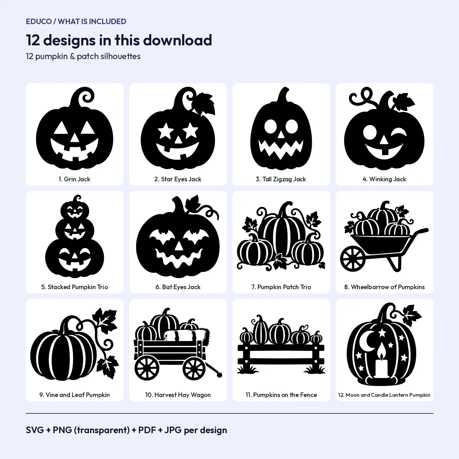 Jack-o-Lantern & Pumpkin Patch Silhouette SVG Bundle – 12 Halloween Cut Files, preview 2 of 3