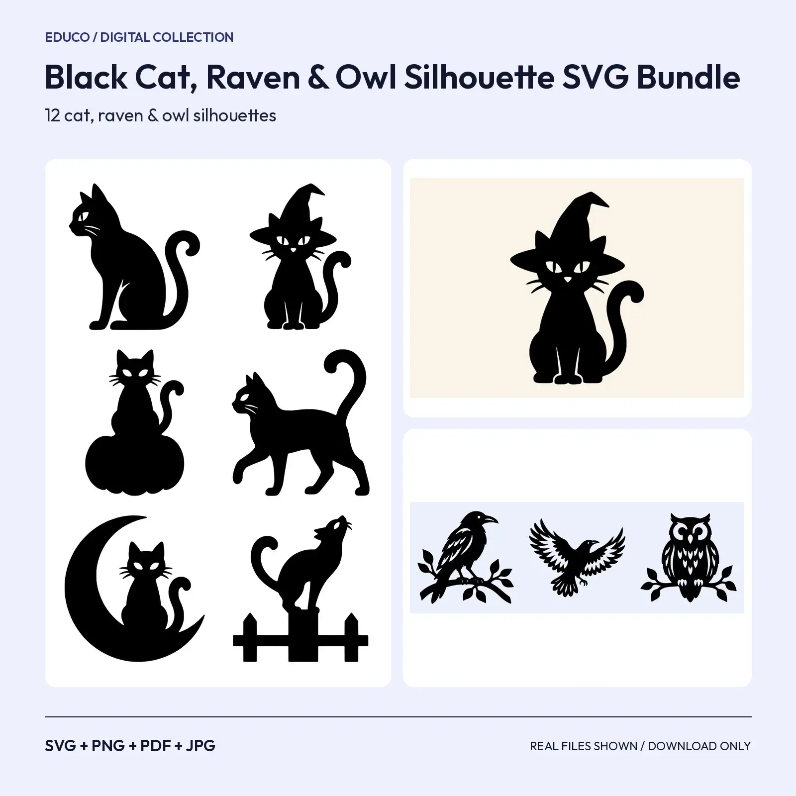 Black Cat, Raven & Owl Silhouette SVG Bundle – 12 Halloween Cut Files preview