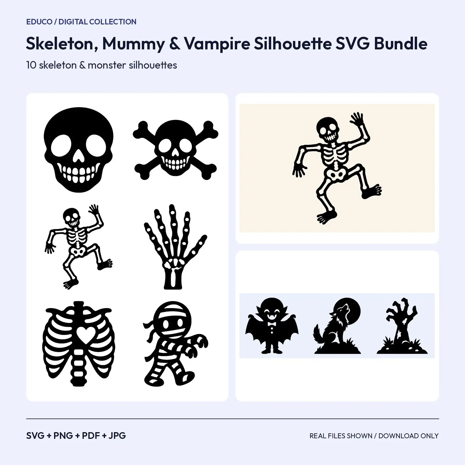 Skeleton, Mummy & Vampire Silhouette SVG Bundle – 10 Classic Monster Cut Files preview