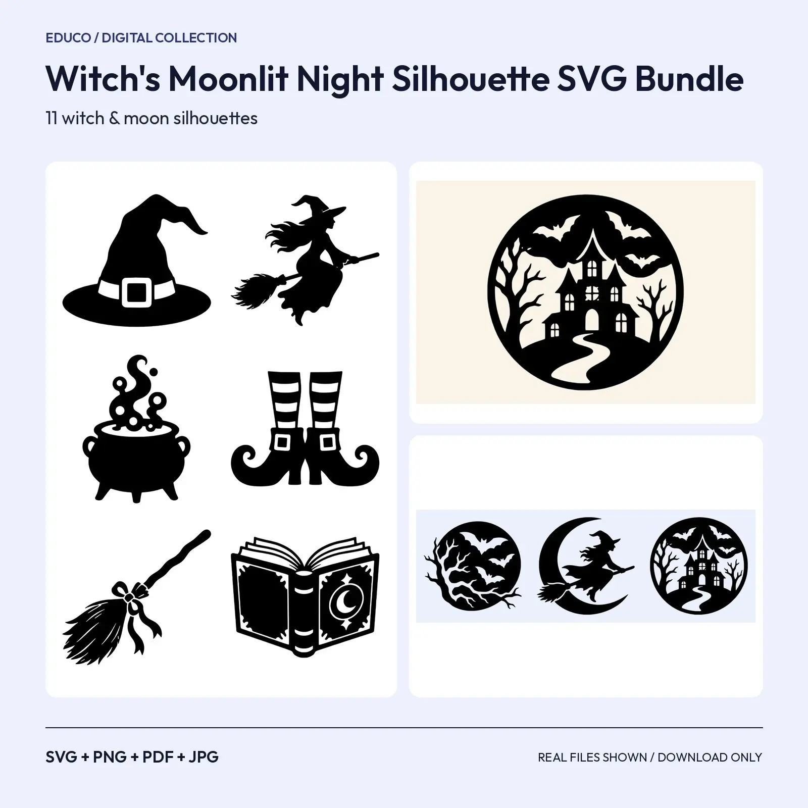 Witch's Moonlit Night Silhouette SVG Bundle – 11 Broom, Cauldron & Moon Cut Files preview