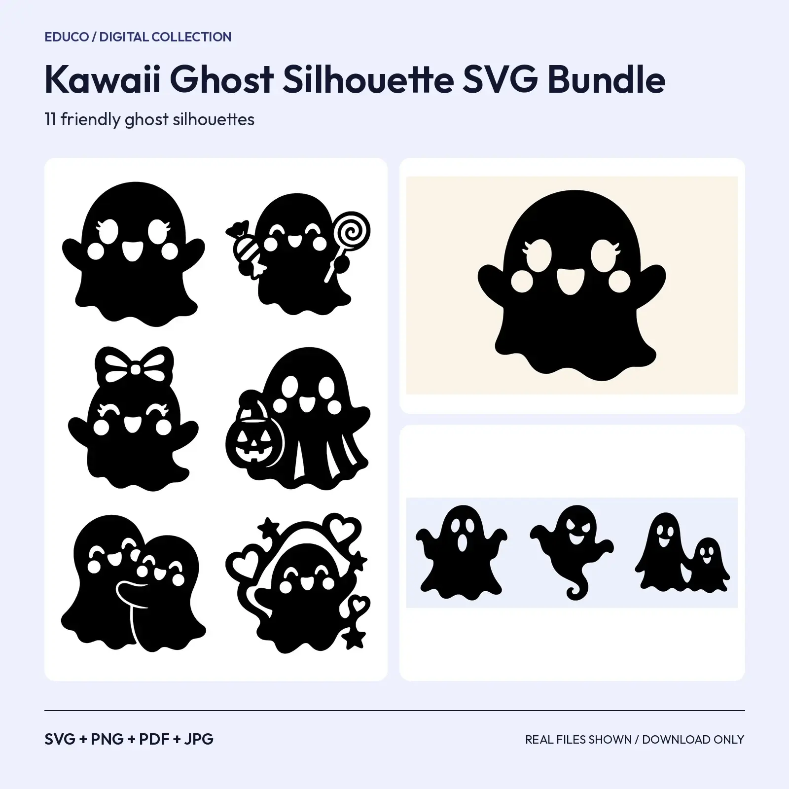 Kawaii Ghost Silhouette SVG Bundle – 11 Cute Halloween Cut Files preview