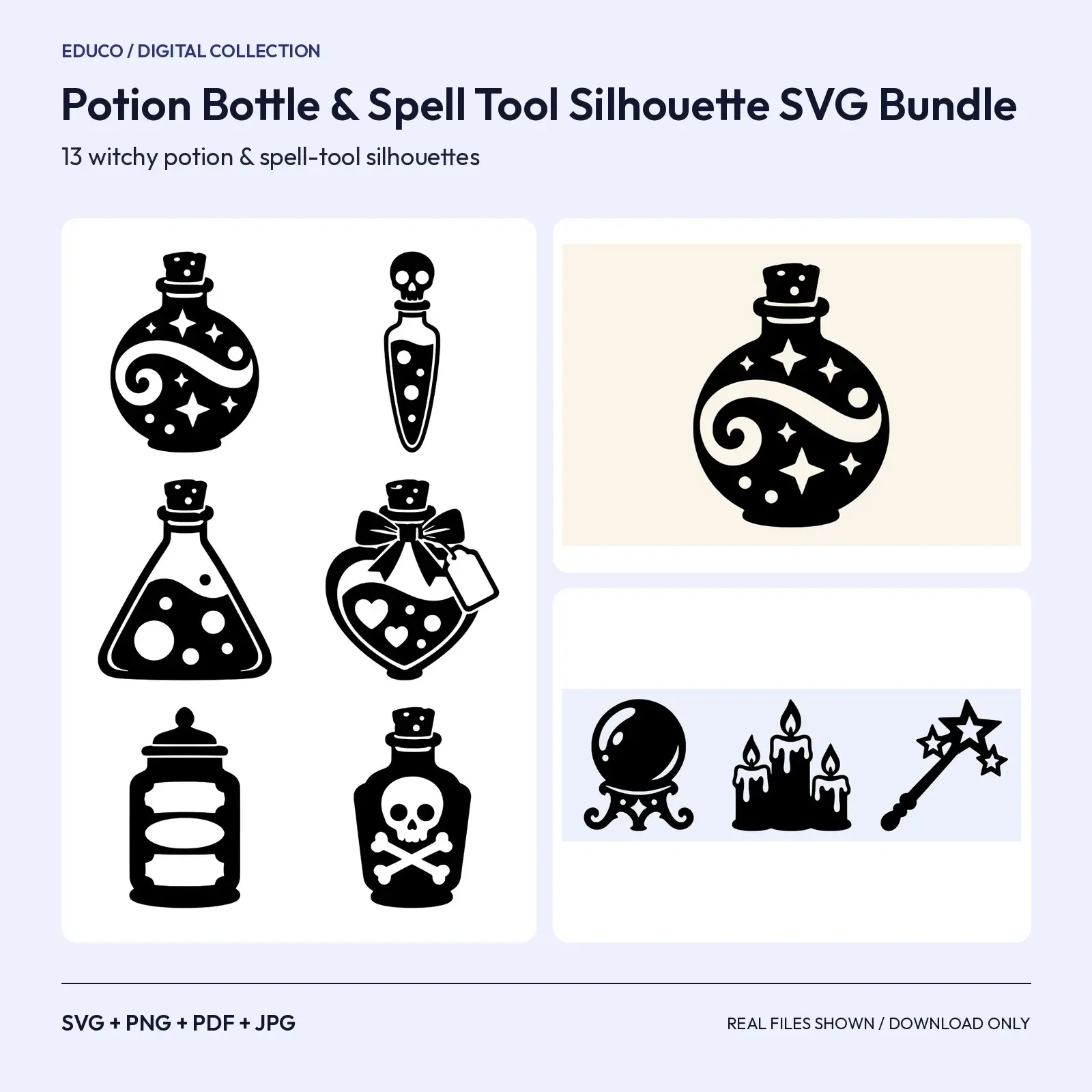 Potion Bottle & Spell Tool Silhouette SVG Bundle – 13 Witchy Cut Files preview