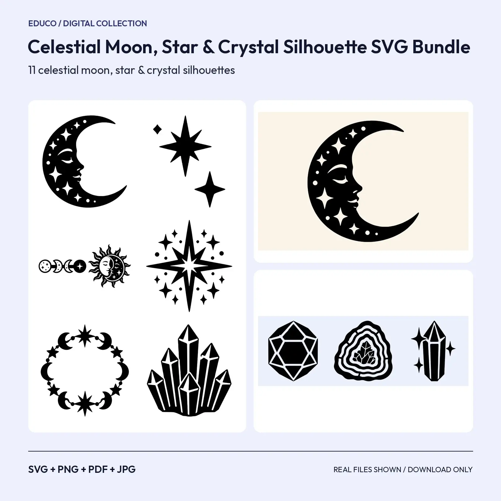 Celestial Moon, Star & Crystal Silhouette SVG Bundle – 11 Mystic Cut Files preview