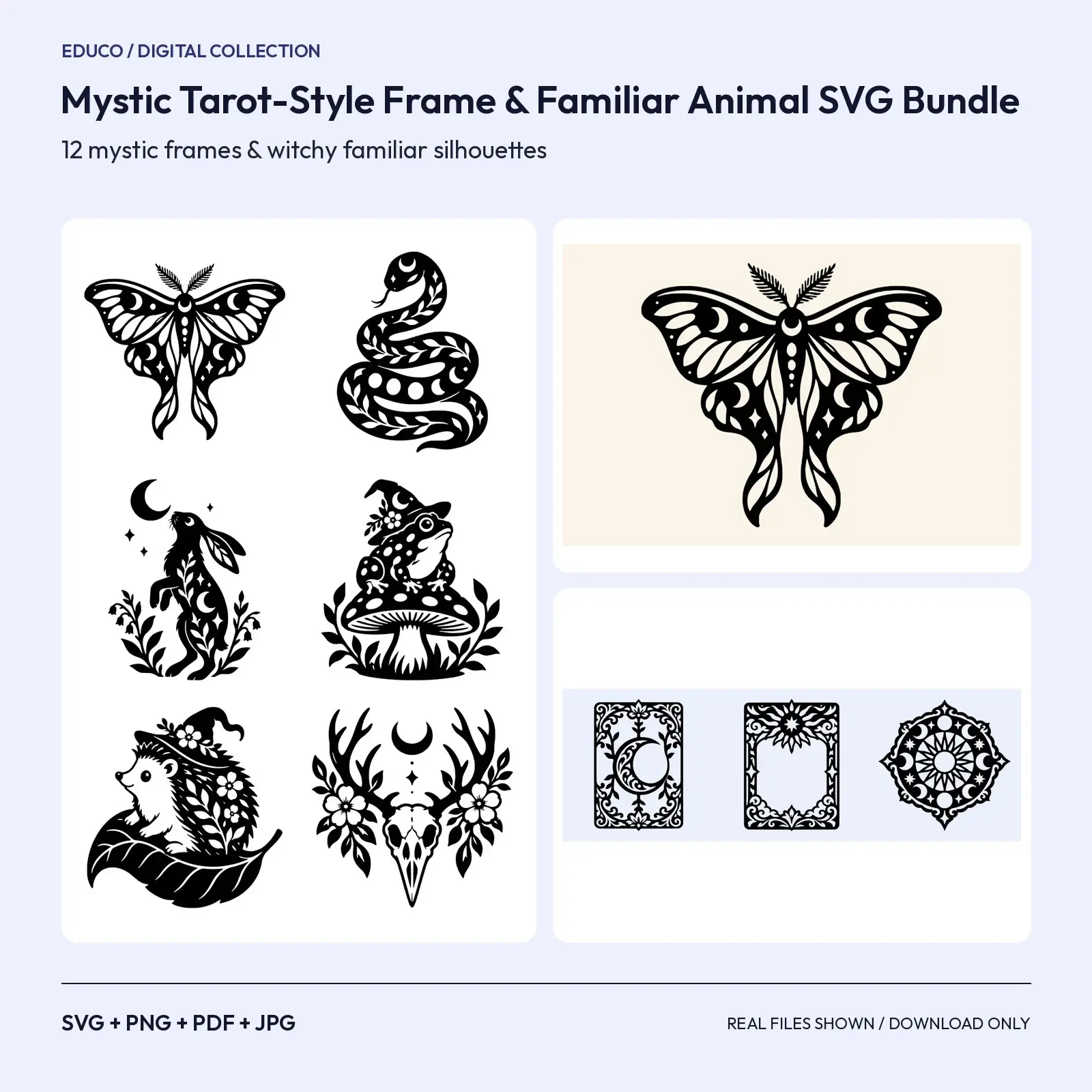 Mystic Tarot-Style Frame & Familiar Animal SVG Bundle – 12 Cut Files preview