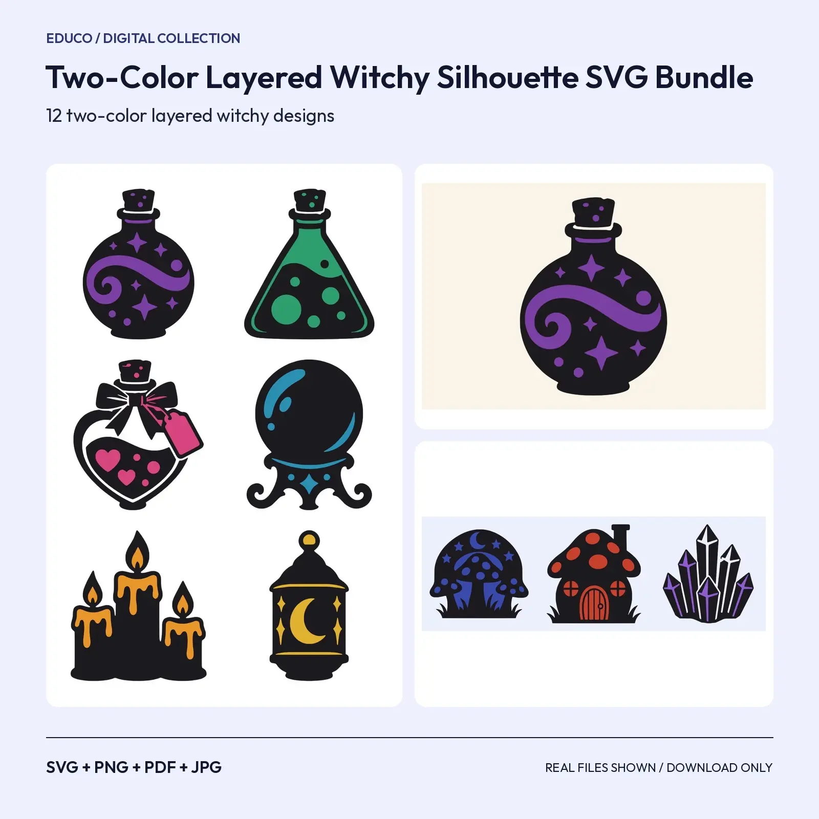 Two-Color Layered Witchy Silhouette SVG Bundle – 12 Spell Cabinet Designs preview