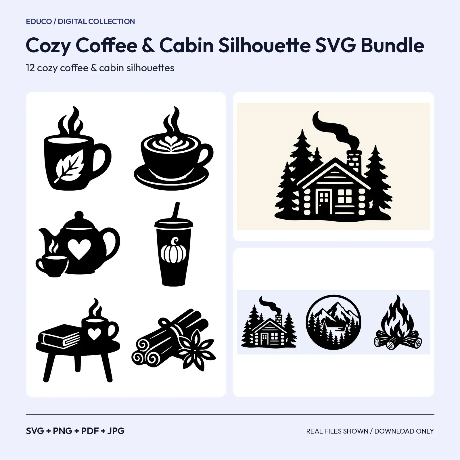 Cozy Coffee & Cabin Silhouette SVG Bundle – 12 Fall Cut Files preview