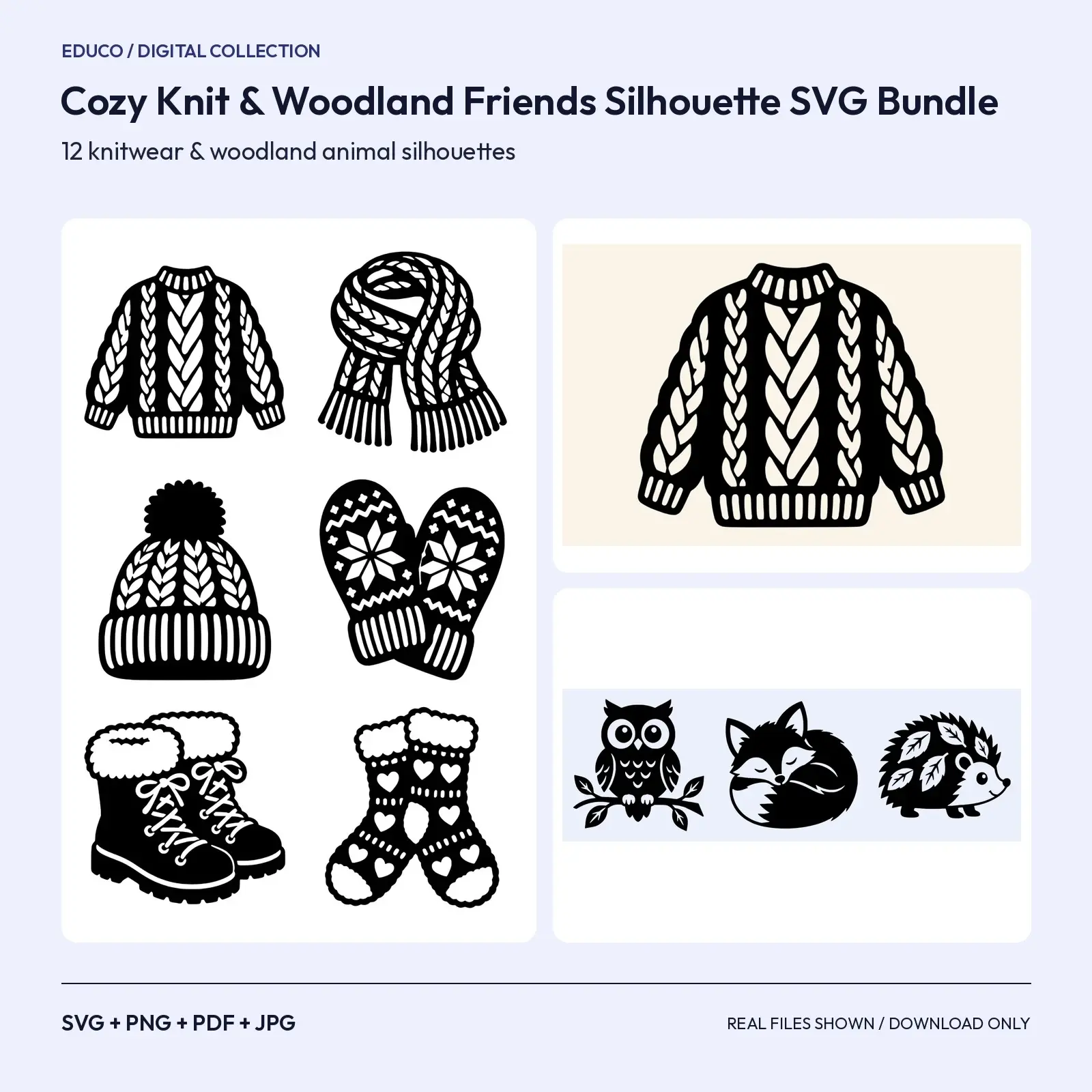 Cozy Knit & Woodland Friends Silhouette SVG Bundle – 12 Fall Cut Files preview