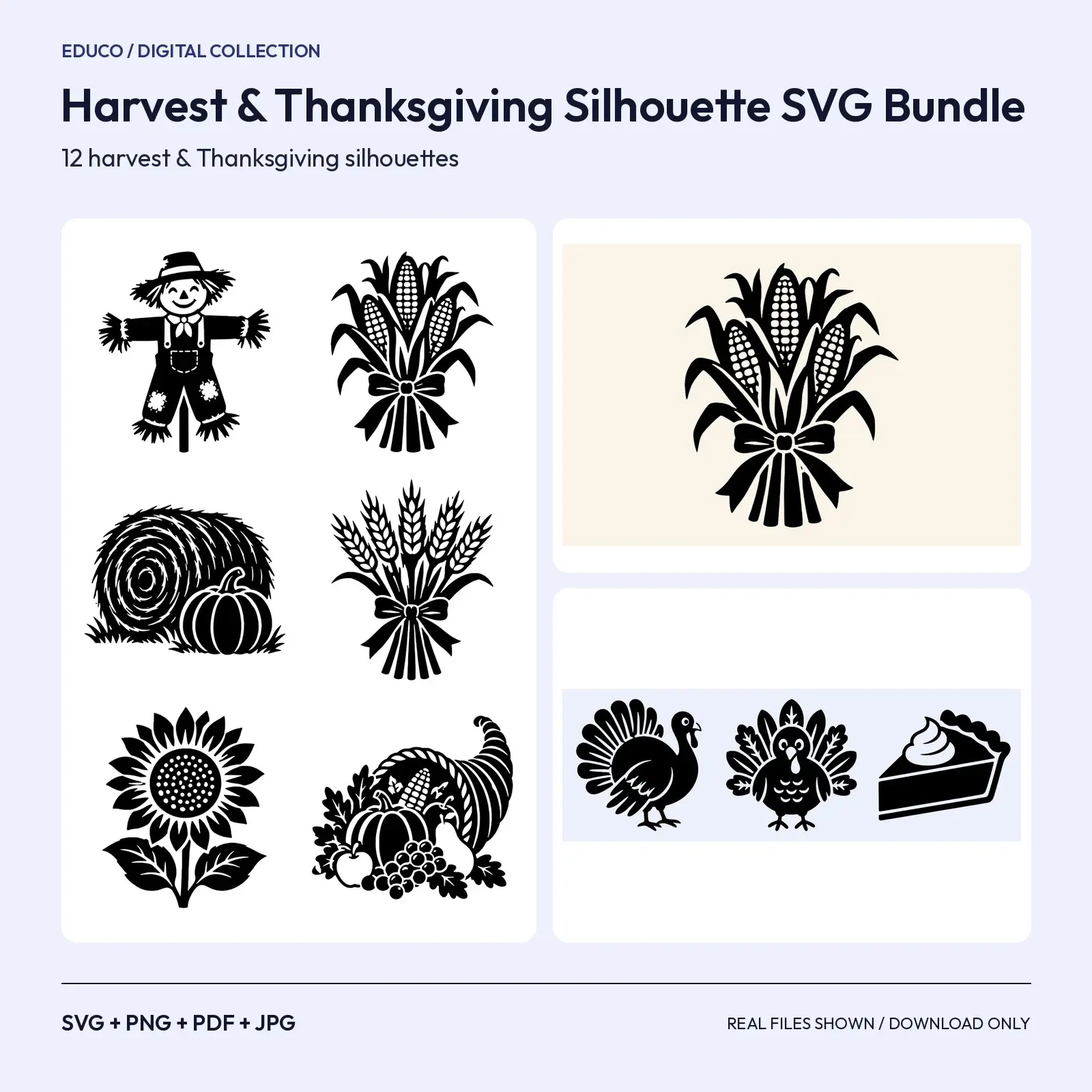 Harvest & Thanksgiving Silhouette SVG Bundle – 12 Turkey, Scarecrow & Corn Cut Files preview