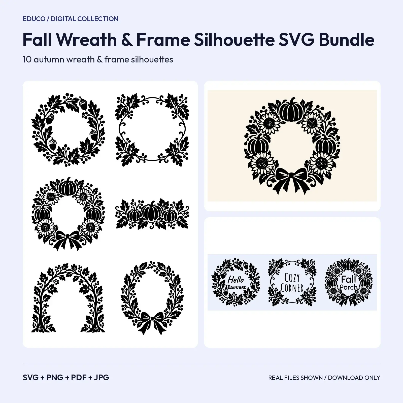 Fall Wreath & Frame Silhouette SVG Bundle – 10 Leaf, Pumpkin & Acorn Cut Files preview
