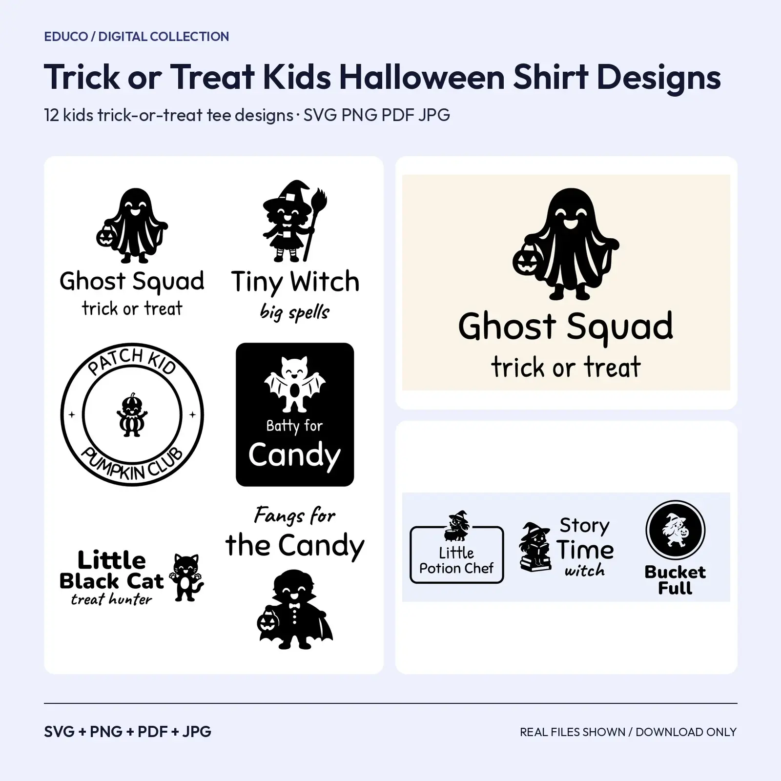Trick or Treat Kids Halloween Shirt Designs – 12 Costume Tee SVG Cut Files, preview 1 of 3