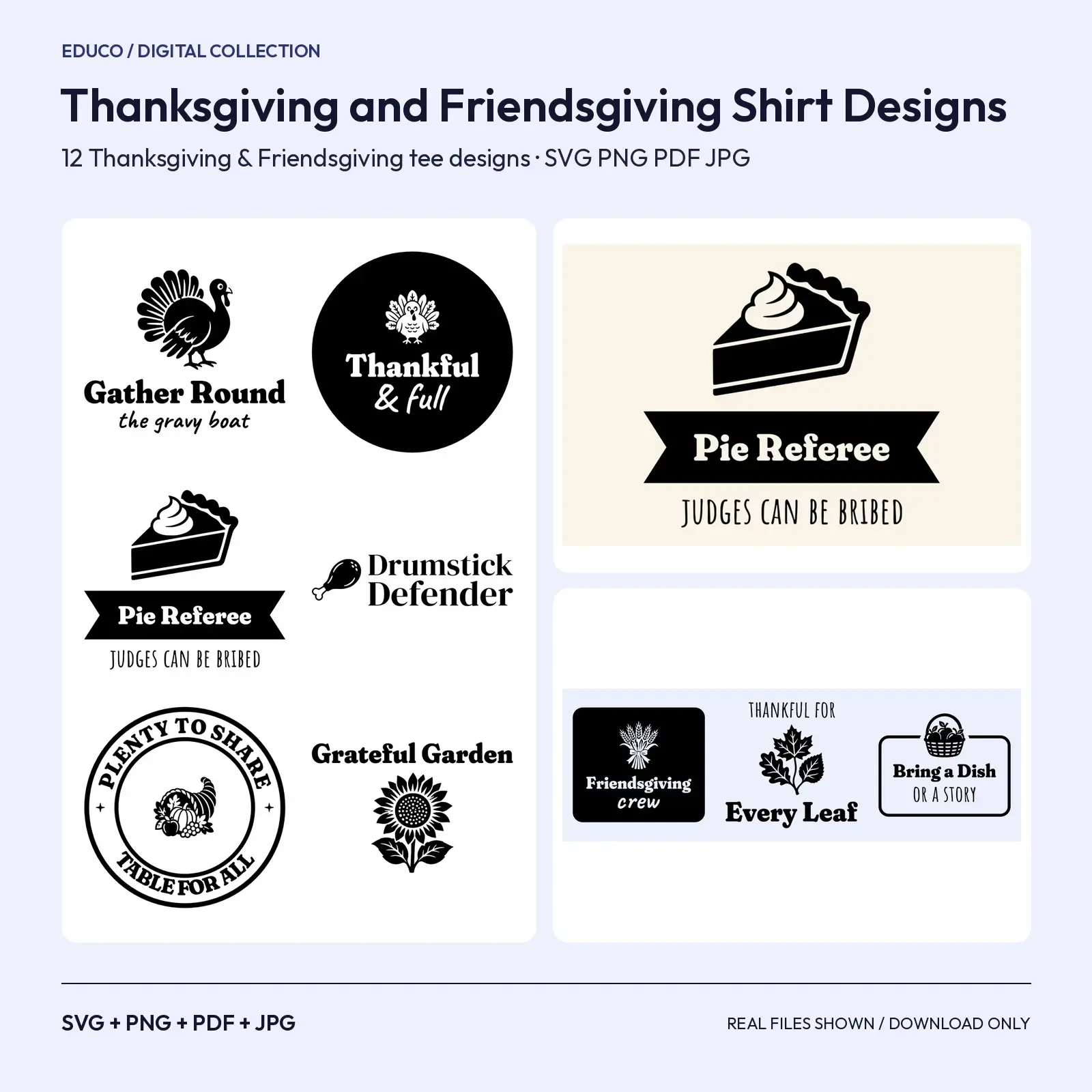 Thanksgiving and Friendsgiving Shirt Designs – 12 Turkey, Pie and Harvest Tee SVGs preview