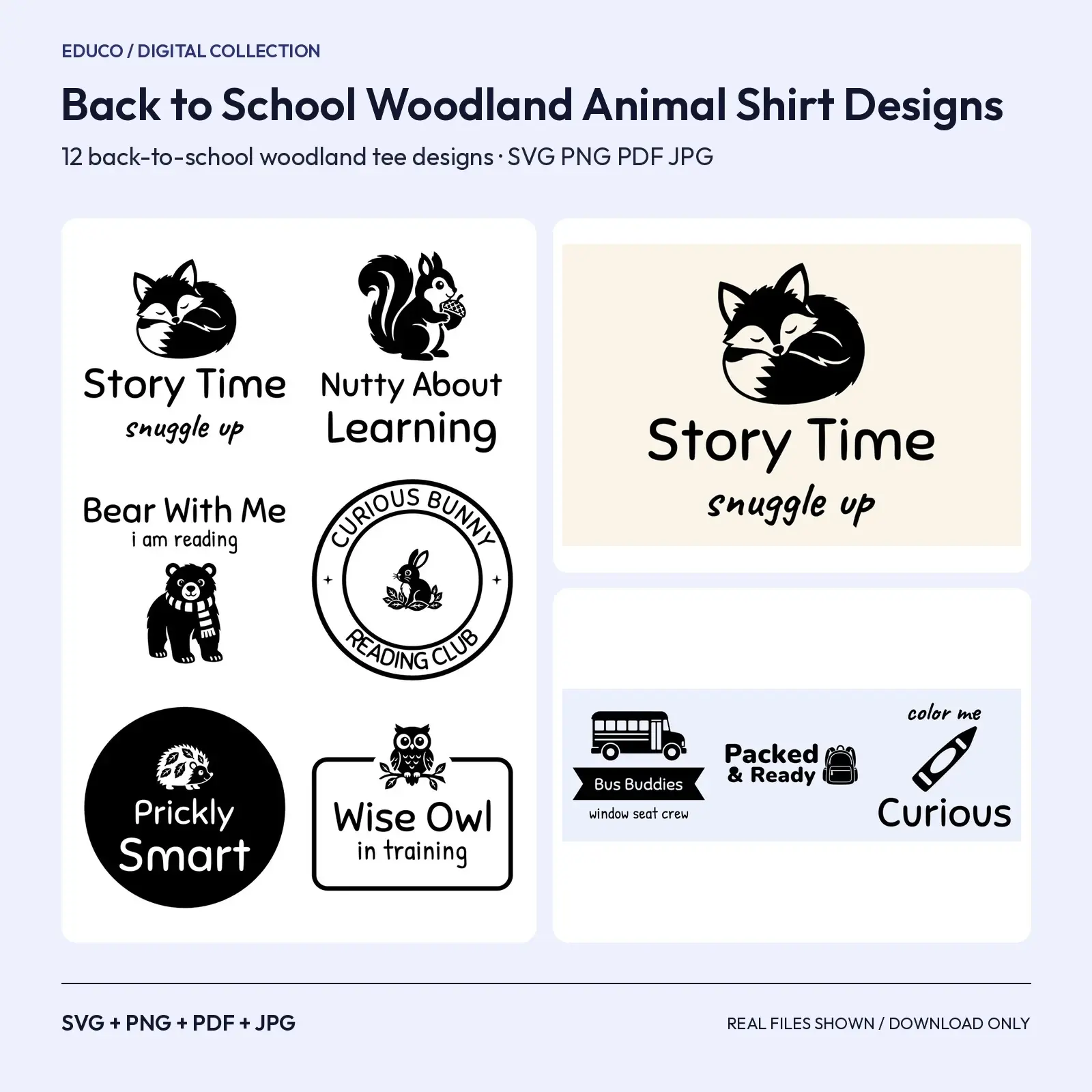 Back to School Woodland Animal Shirt Designs – 12 Kids Fall Tee SVG Cut Files preview