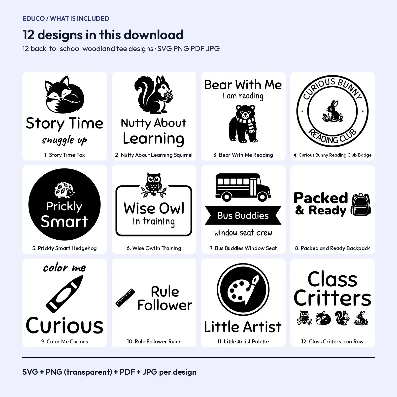 Back to School Woodland Animal Shirt Designs – 12 Kids Fall Tee SVG Cut Files, preview 2 of 3