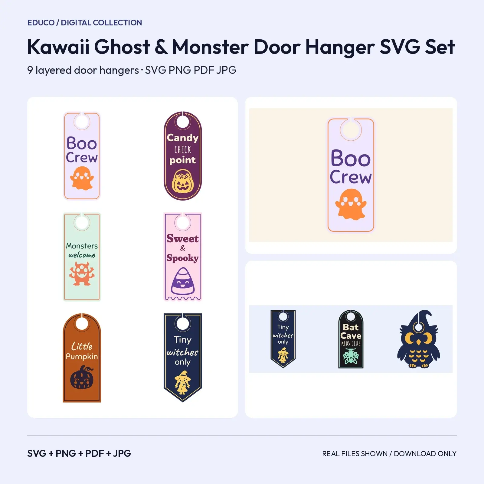 Kawaii Ghost & Monster Door Hanger SVG Set – 9 Cute Halloween Door Signs, preview 1 of 3