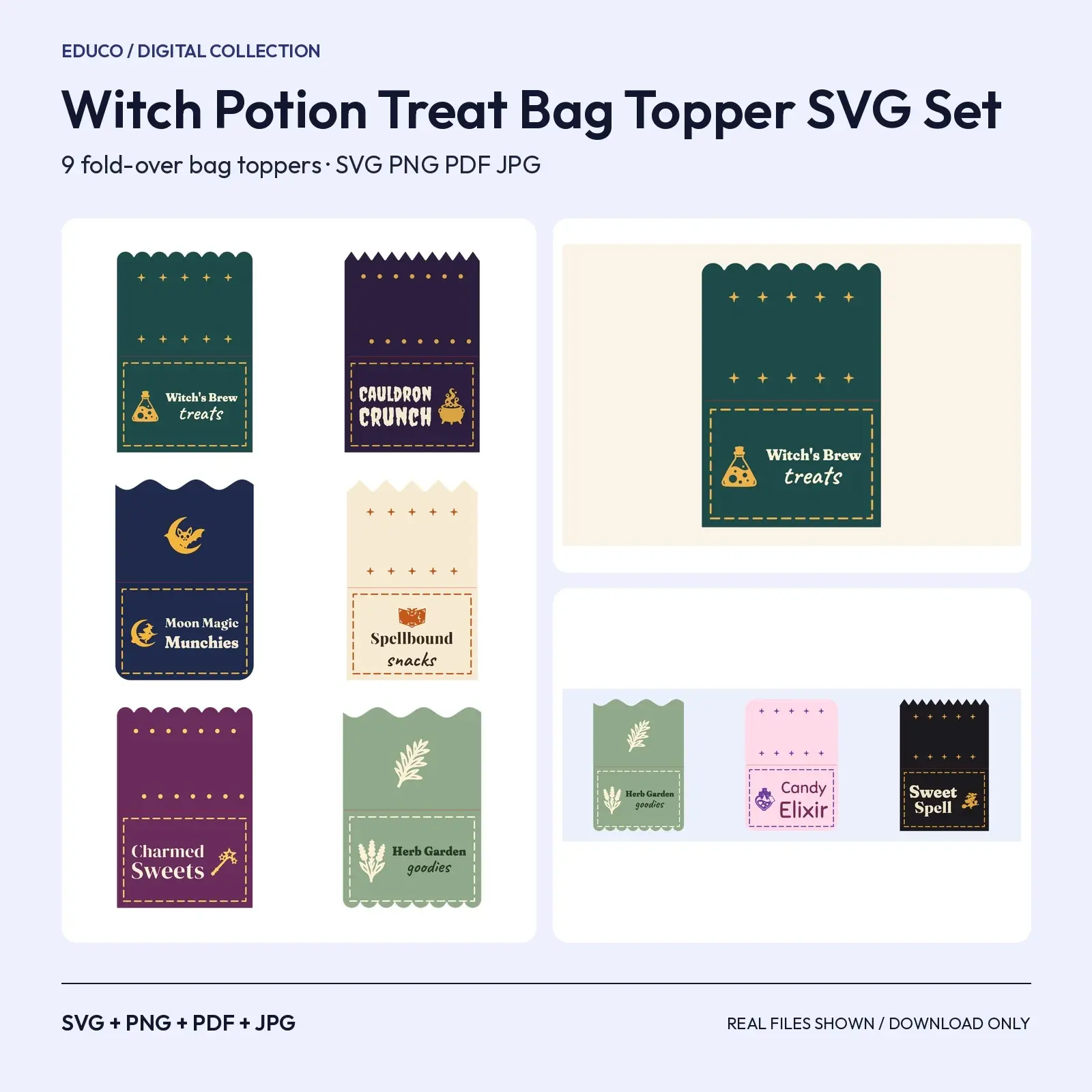 Witch Potion Treat Bag Topper SVG Set – 9 Folded Cauldron, Spellbook & Herb Toppers preview