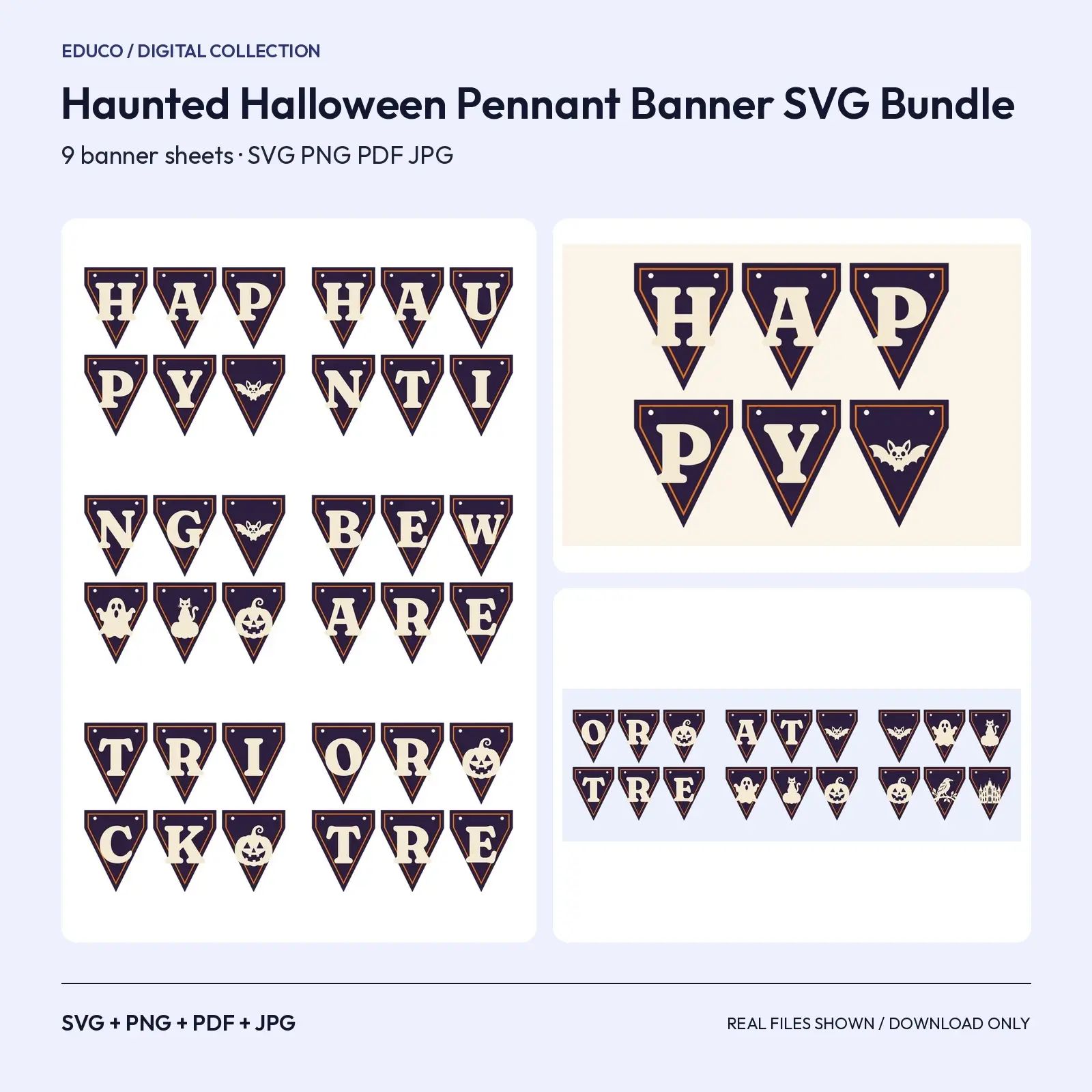 Haunted Halloween Pennant Banner SVG Bundle – 3 Phrases & Icon Flags, 9 Sheets preview