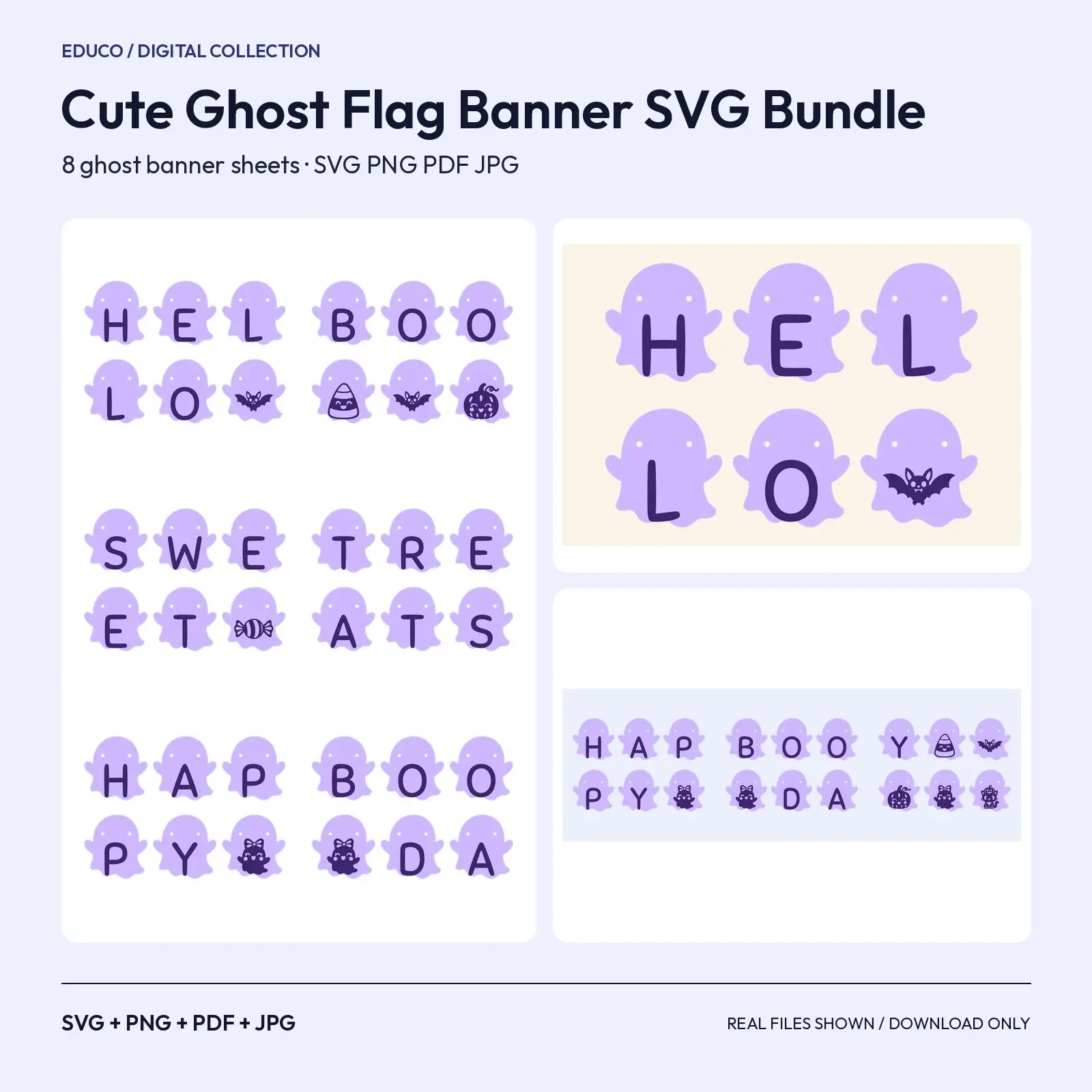 Cute Ghost Flag Banner SVG Bundle – 3 Phrases + Icon Flags for Kids' Halloween Parties preview