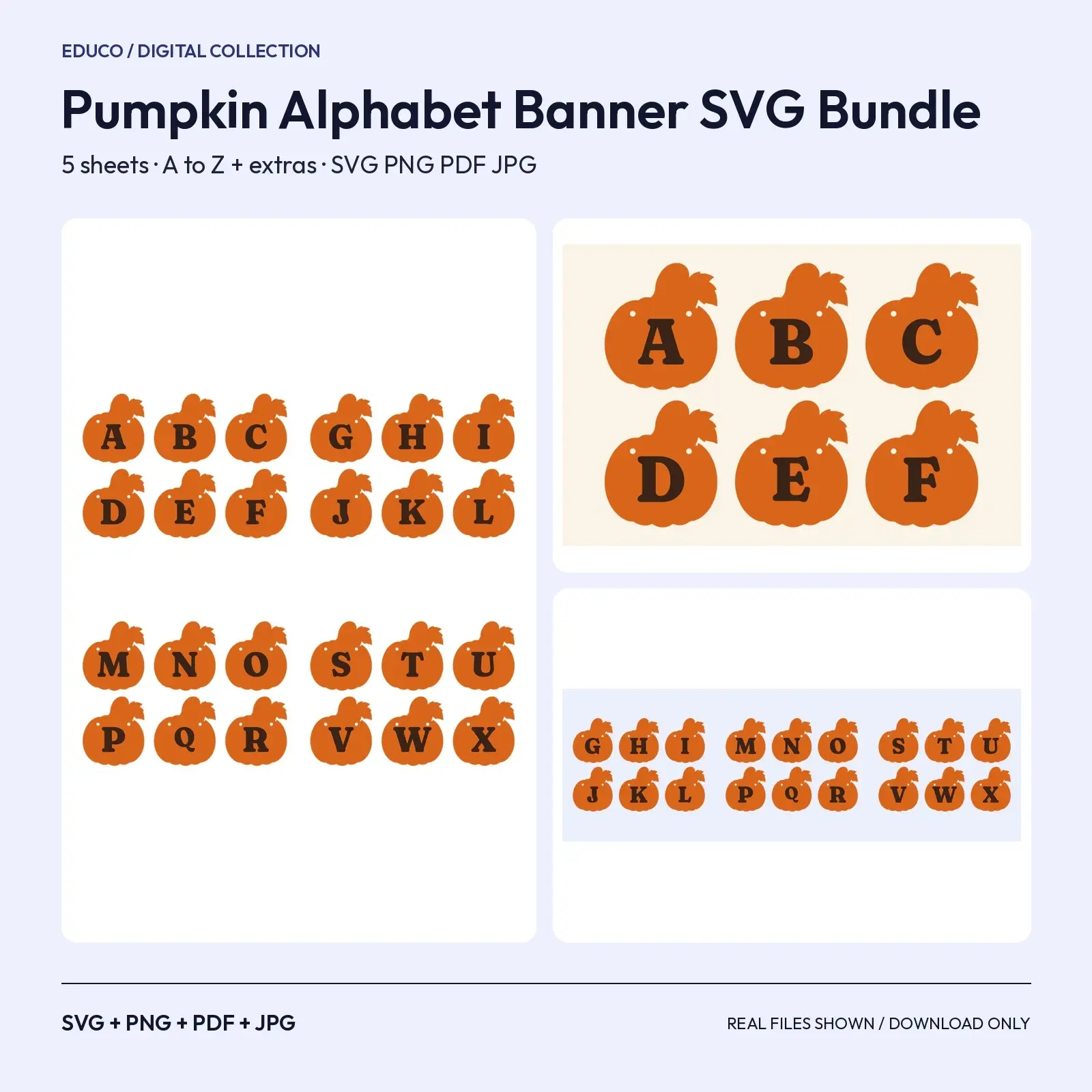 Pumpkin Alphabet Banner SVG Bundle – A to Z Fall Letter Flags on 5 Sheets preview