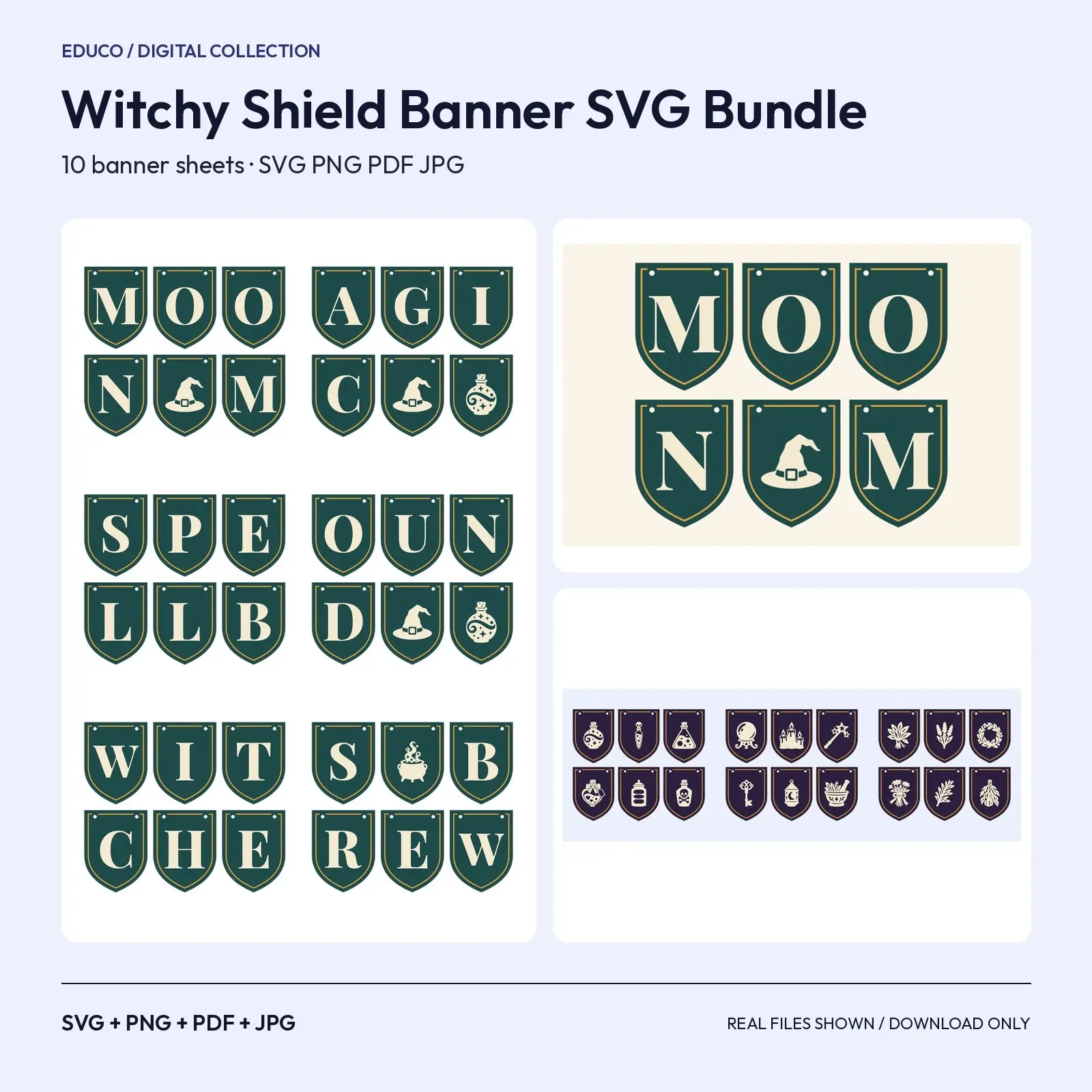 Witchy Shield Banner SVG Bundle – Moon Magic, Spellbound & Witches Brew, 10 Sheets preview