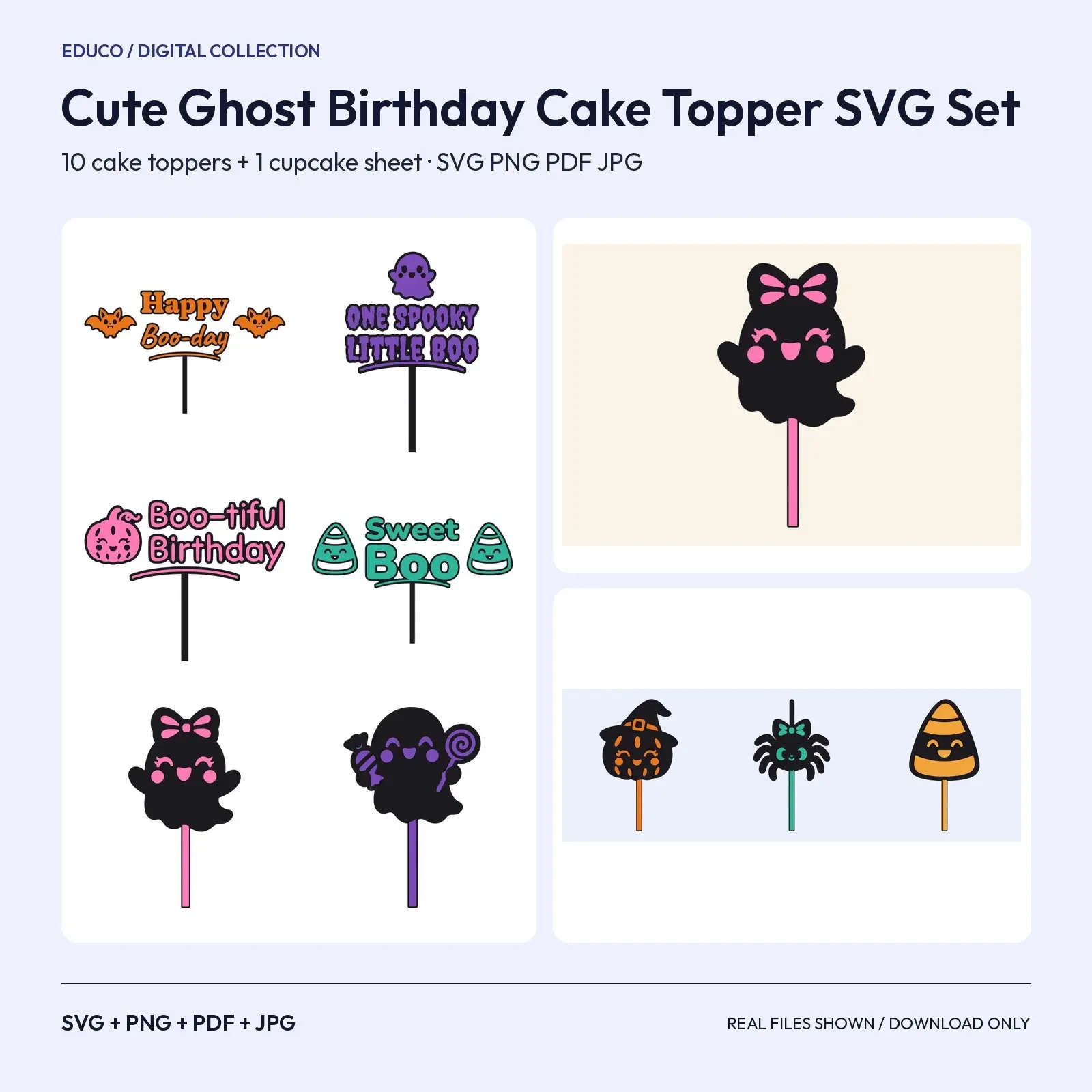 Cute Ghost Birthday Cake Topper SVG Set – 10 Toppers + Cupcake Sheet for Halloween Parties, preview 1 of 3