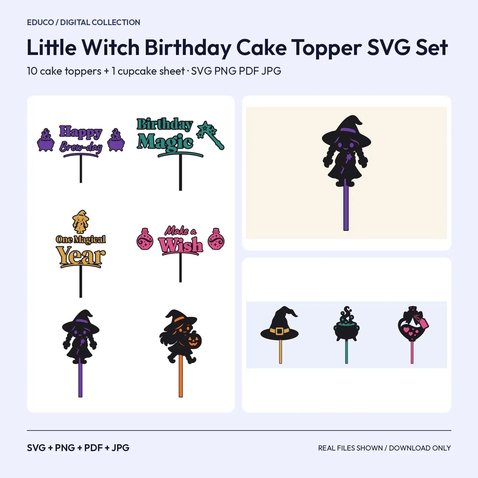 Little Witch Birthday Cake Topper SVG Set – 10 Toppers + Cupcake Sheet preview