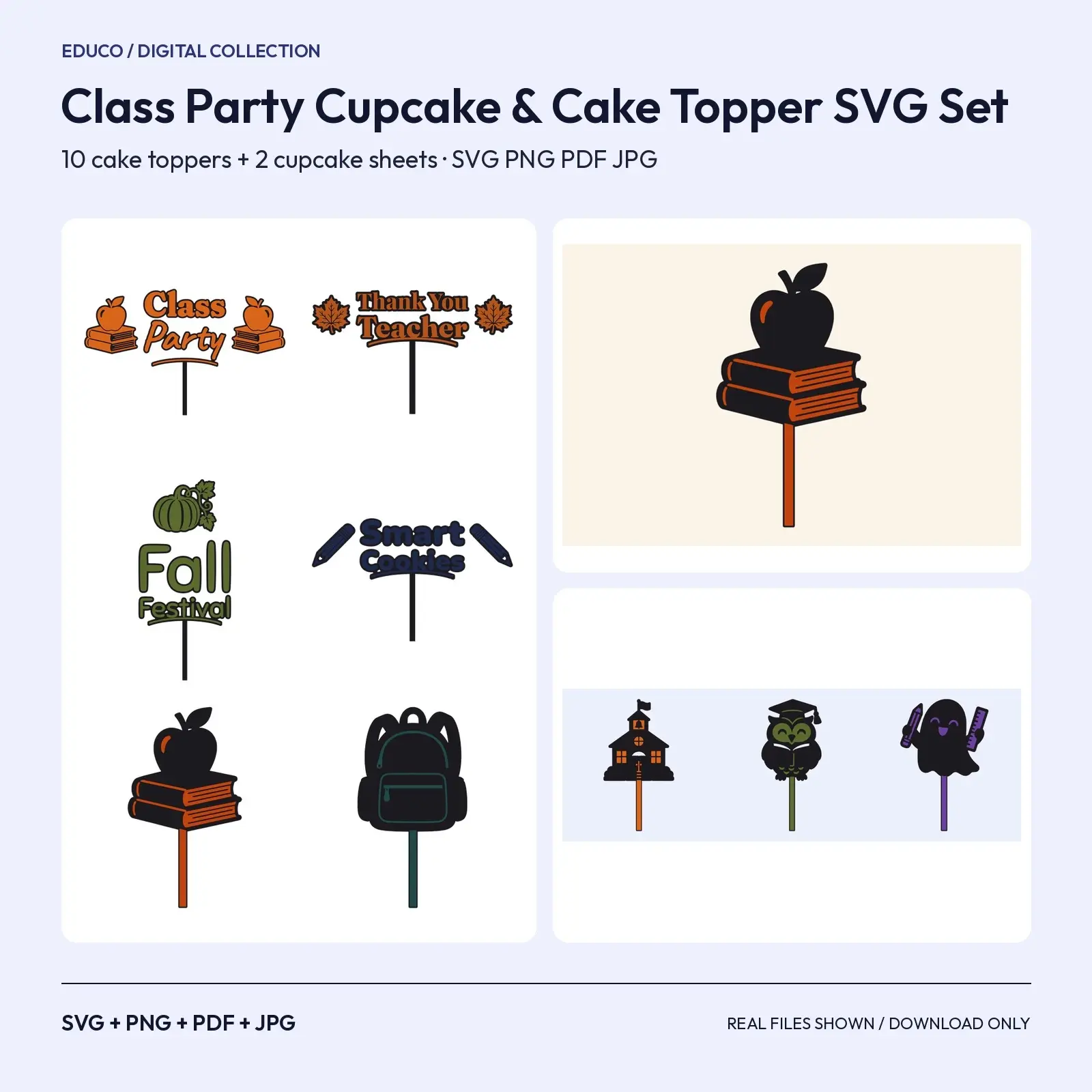 Class Party Cupcake & Cake Topper SVG Set – 12 School Toppers for Fall Parties & Teacher Gifts, preview 1 of 3