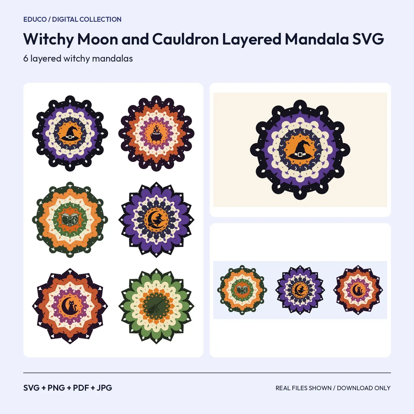 Witchy Moon and Cauldron Layered Mandala SVG – 6 Multi-Layer Spell Circle Designs, preview 1 of 3